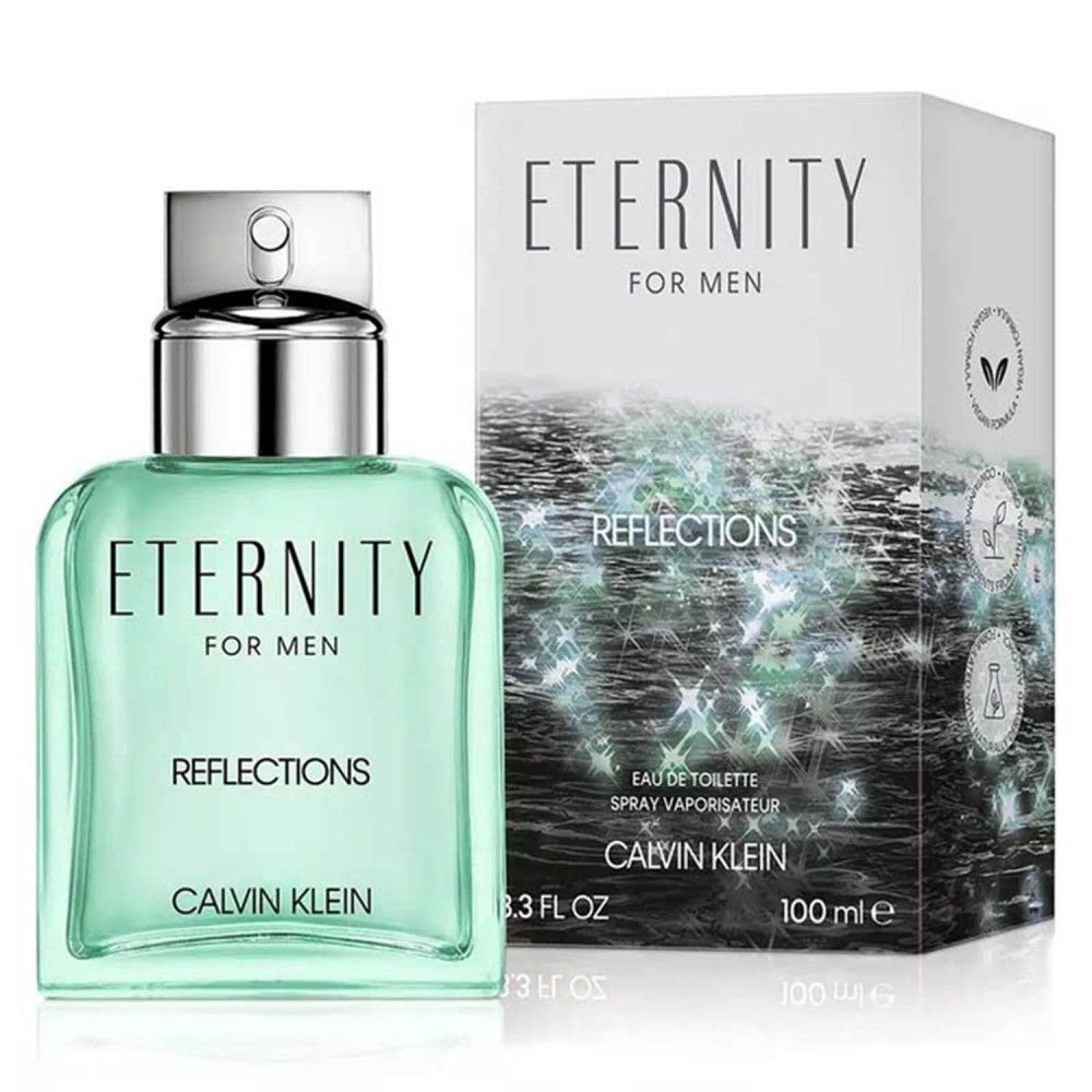 Hellgrüner Flakon und Verpackung. Aufschrift: ETERNITY FOR MEN, REFLECTIONS, CALVIN KLEIN. Verpackung mit Logo.