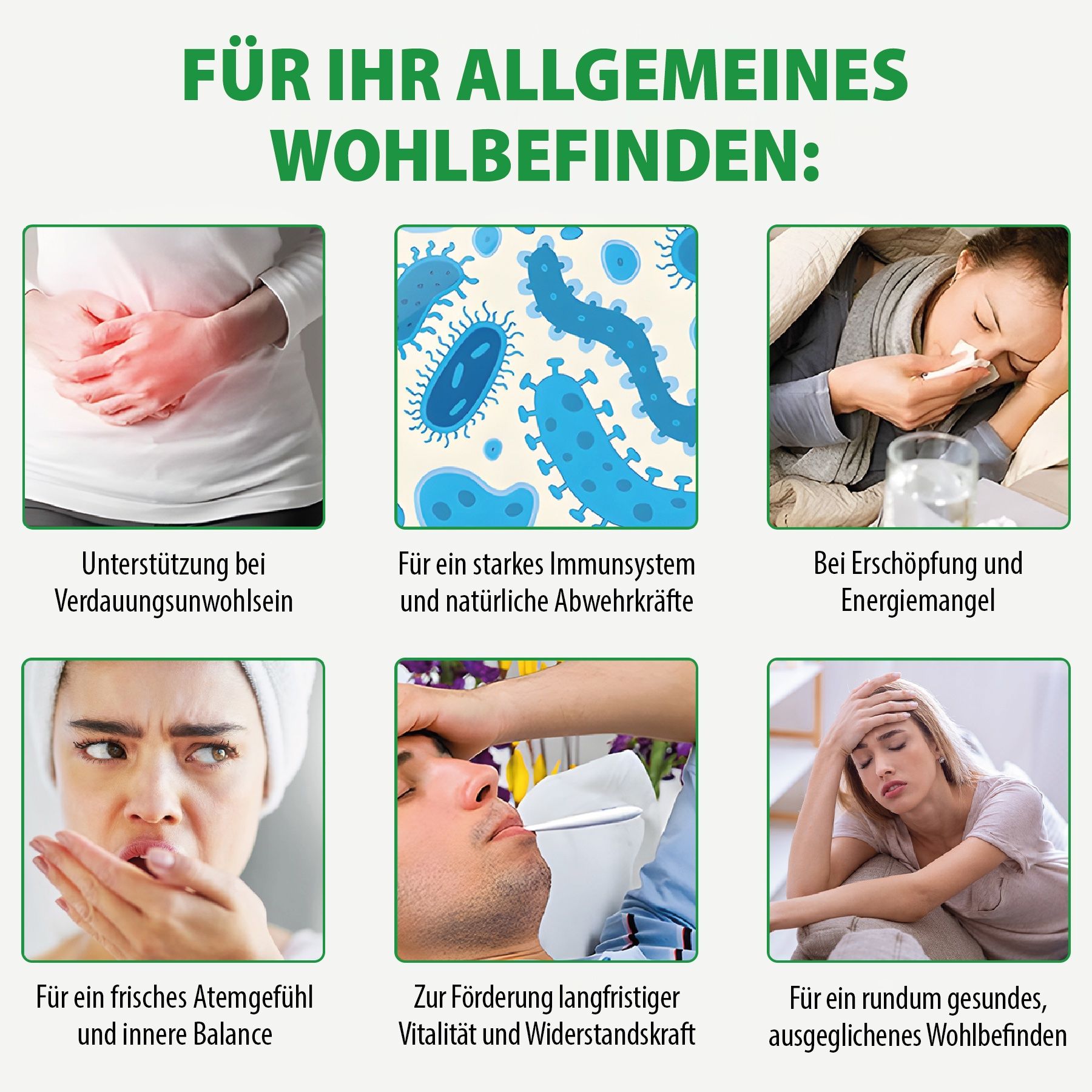 Bilder von Symptomen. Text: Unterstützung bei Verdauungsunwohlsein, starkes Immunsystem, Erschöpfung, frischer Atem, Vitalität.