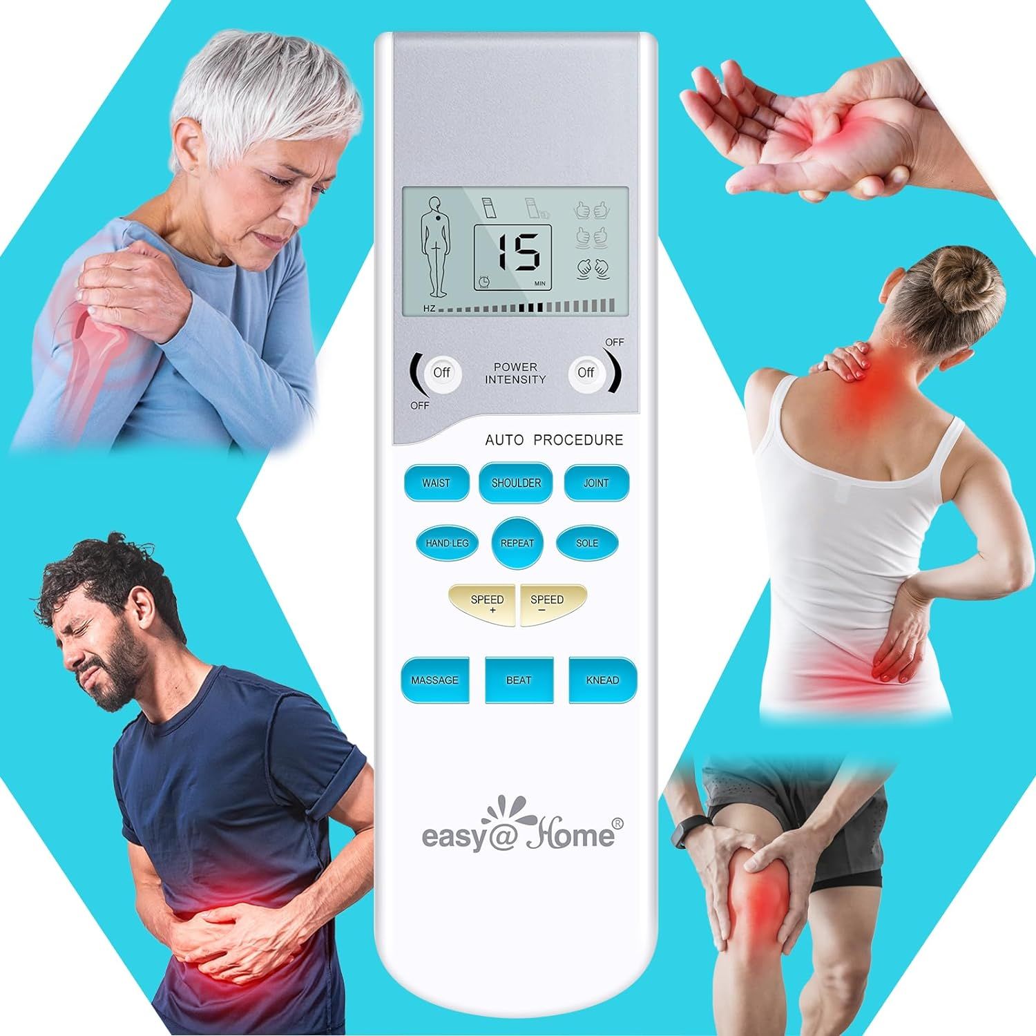 TENS-Gerät mit Display und Knöpfen. Umgeben von Bildern, die Schmerzbereiche zeigen: Schulter, Nacken, Gelenk, etc.