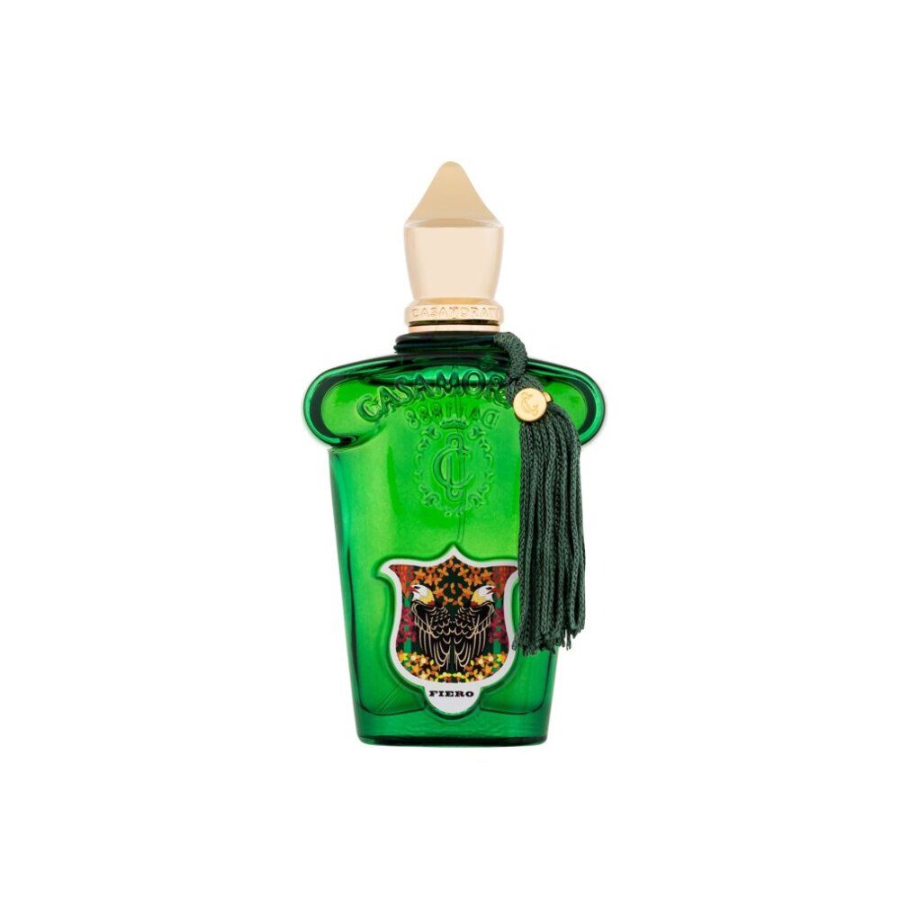 Grüne Glasflasche mit goldener Kappe und Quaste. Auf der Flasche ist das Wort „Fiero“ zu sehen.