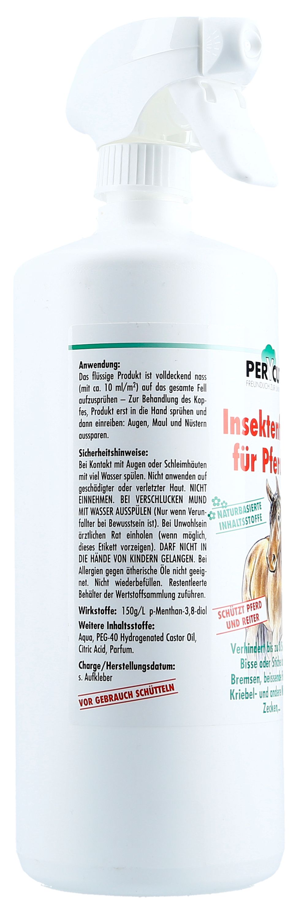 Rückseite PERYCUT Insektenfrei für Pferde: Sprühflasche mit detaillierten Anwendungshinweisen und Inhaltsstoffen.