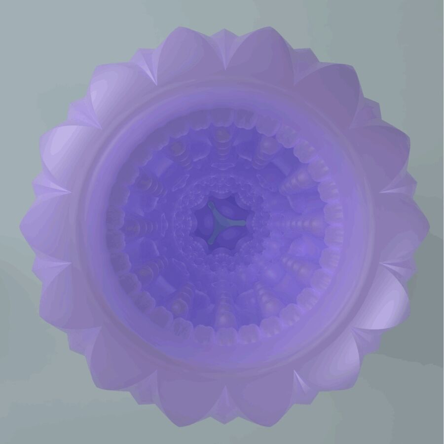 Violett-farbener Masturbator mit floralem Design. Innenstruktur mit Rippen und Noppen.