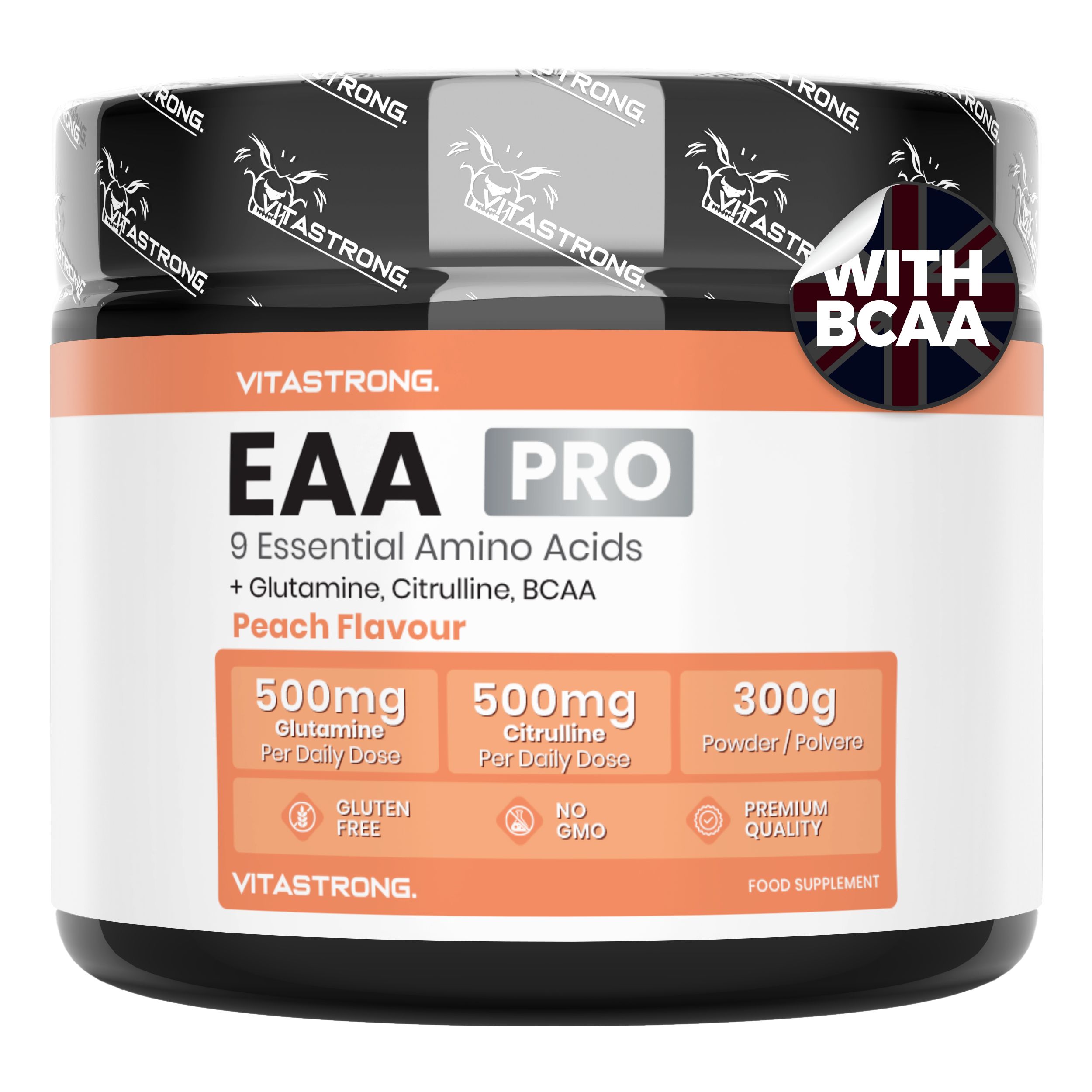 Vitastrong EAA Pro, Dose. Enthält 9 Aminosäuren, Glutamin, Citrullin, BCAA. Pfirsich-Geschmack. 300g. Glutenfrei, ohne GMO.