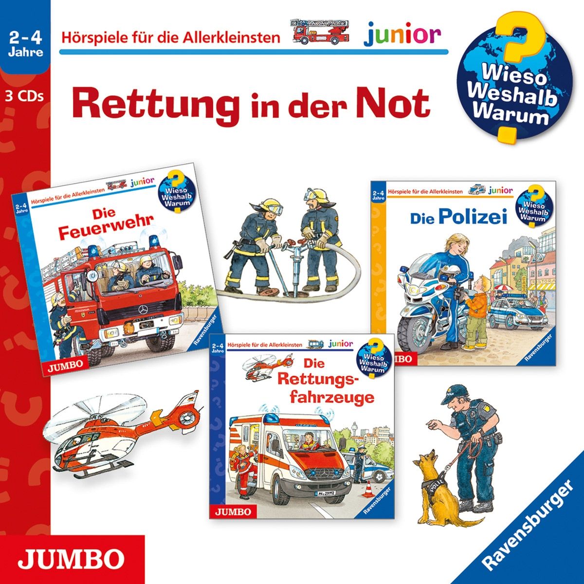 Buchcover-Set "Rettung in der Not" mit 3 CDs. Titel, Logo, Illustrationen von Feuerwehr, Polizei, Rettungsfahrzeugen.