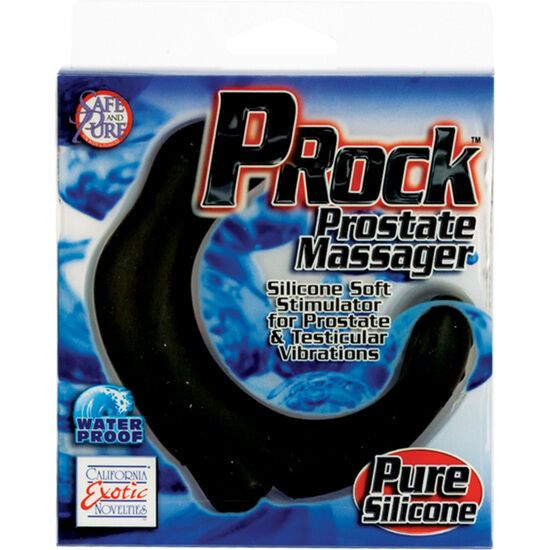 Schwarzer Prostata-Stimulator in Verpackung. Silikon, U-Form. Text: "Prock Prostate Massager", "Pure Silicone", "California Exotic Novelties".