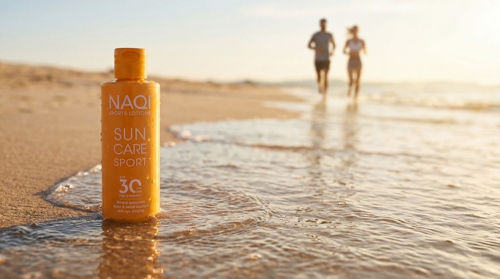 NAQI Sun Care Sport Sonnenschutz SPF 30 Flasche am Strand mit Läufern im Hintergrund.