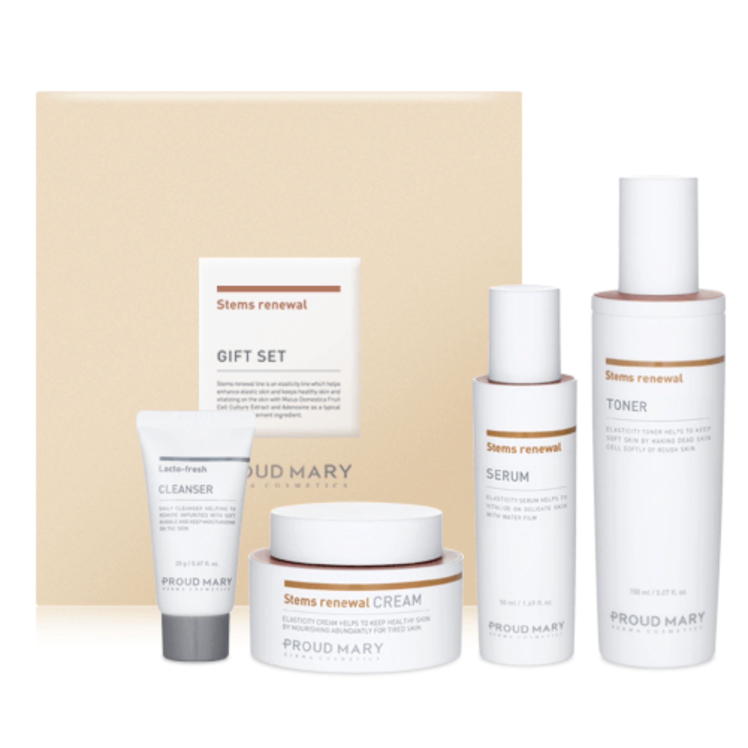 Geschenkset mit Hautpflegeprodukten. Enthält Reiniger, Serum, Creme und Toner. Produkte mit weißer Verpackung und braunen Akzenten. Marke: Proud Mary.