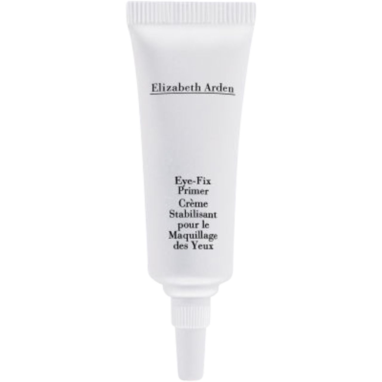 Weiße Tube mit Elizabeth Arden-Logo und Produktbezeichnung. Text: Eye-Fix Primer, Crème Stabilisant, pour le Maquillage des Yeux.