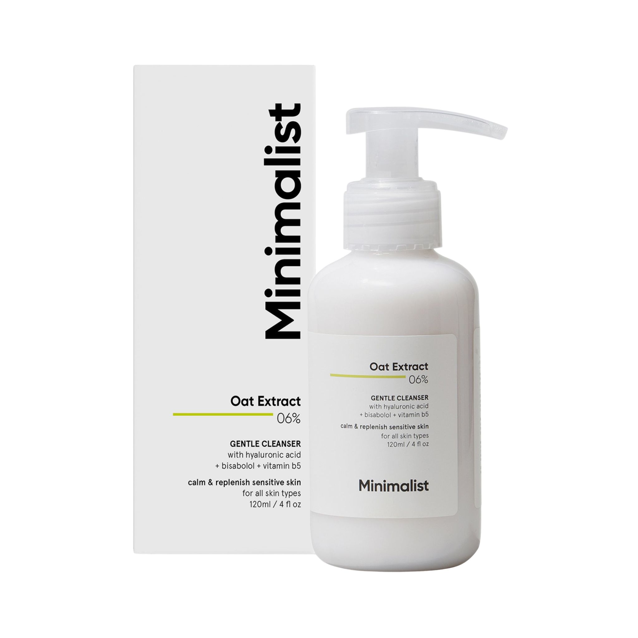 Weiße Flasche mit Pumpe und Karton. Aufschrift: Oat Extract 06% Gentle Cleanser. Marke: Minimalist.