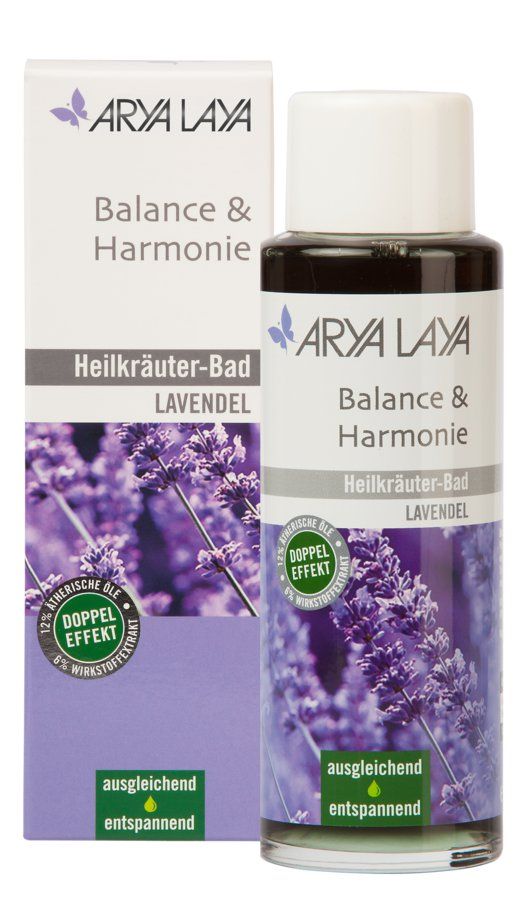 Flasche und Schachtel mit Produkt. Aufschrift: ARYA LAYA, Balance & Harmonie, Heilkräuter-Bad Lavendel. Lila Lavendel-Abbildung.