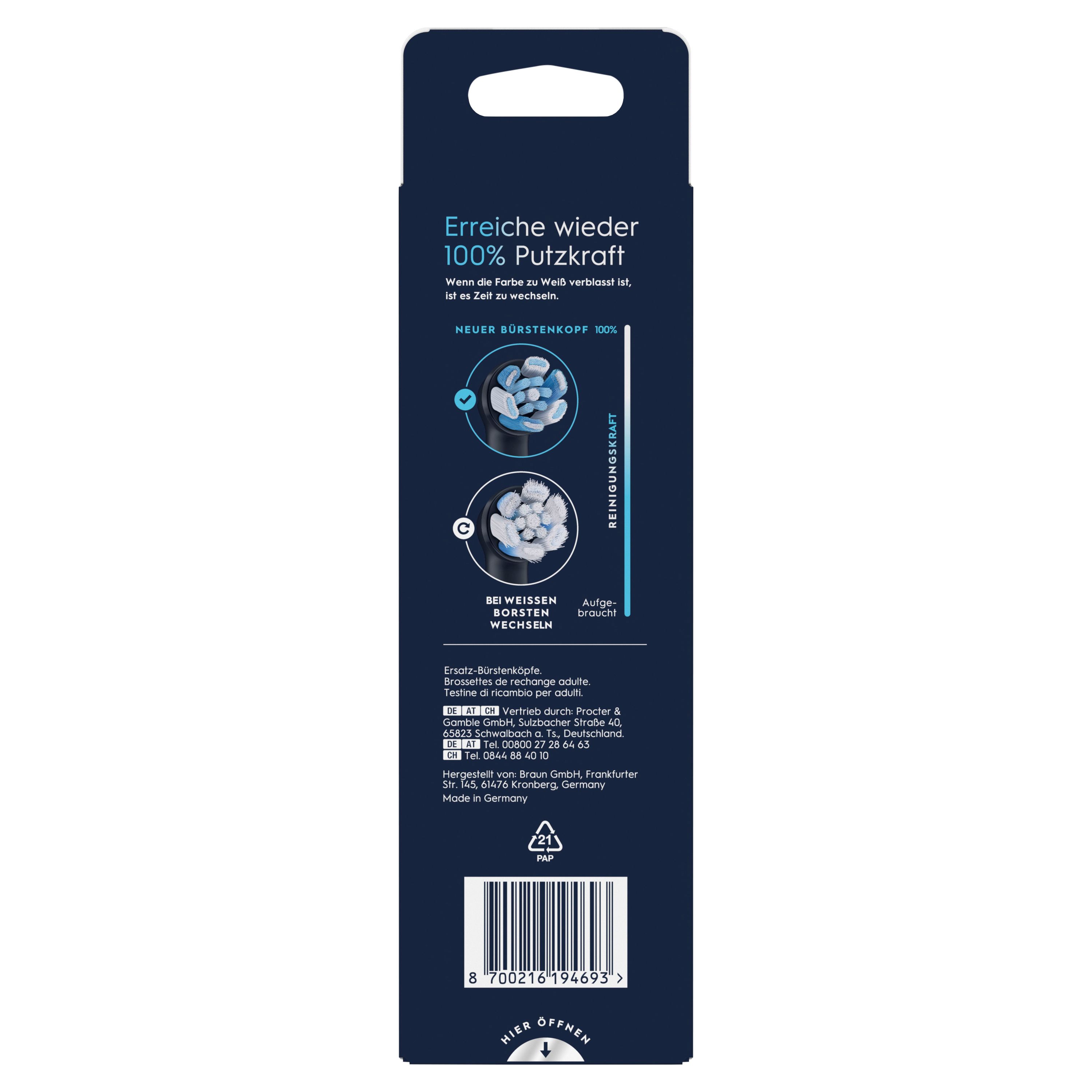 Rückseite der Oral-B iO Aufsteckbürsten-Verpackung. Text: 100% Putzkraft, neuer Bürstenkopf, Aufsteckbürsten. Barcode und Öffnungshinweis.