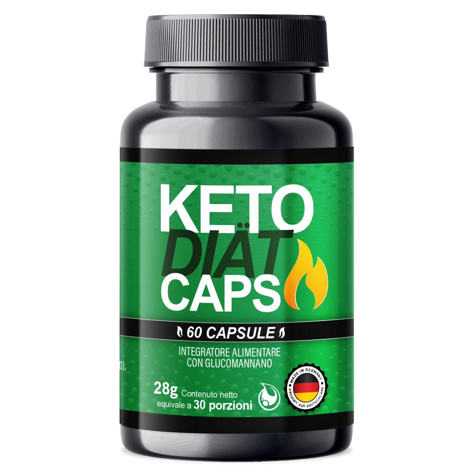 Flacone di "Keto Diät Caps". Etichetta verde e bianca, 60 capsule, 28g. Con glucomannano. Prodotto in Germania.