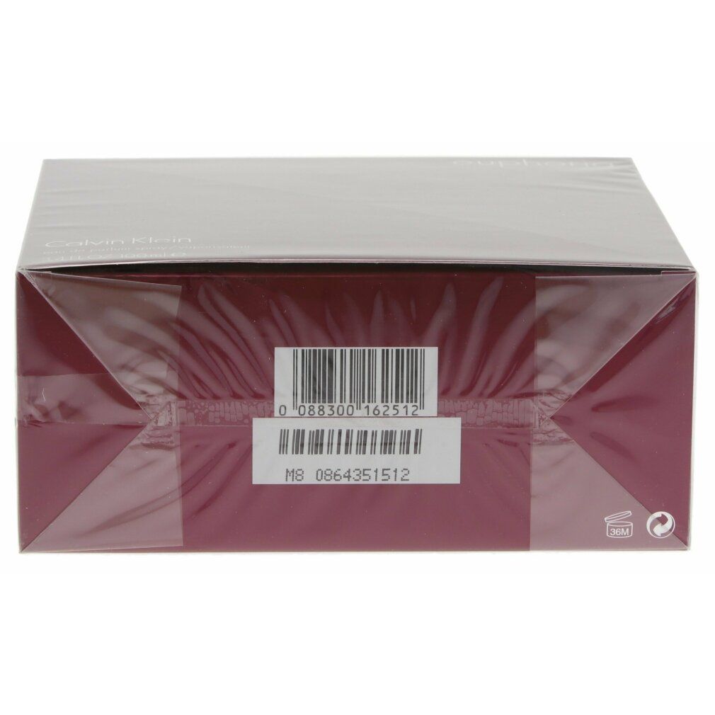 Verpackung in Burgunderrot mit Barcode und Etikett. Marke: Calvin Klein. Aufschrift: euphoria.