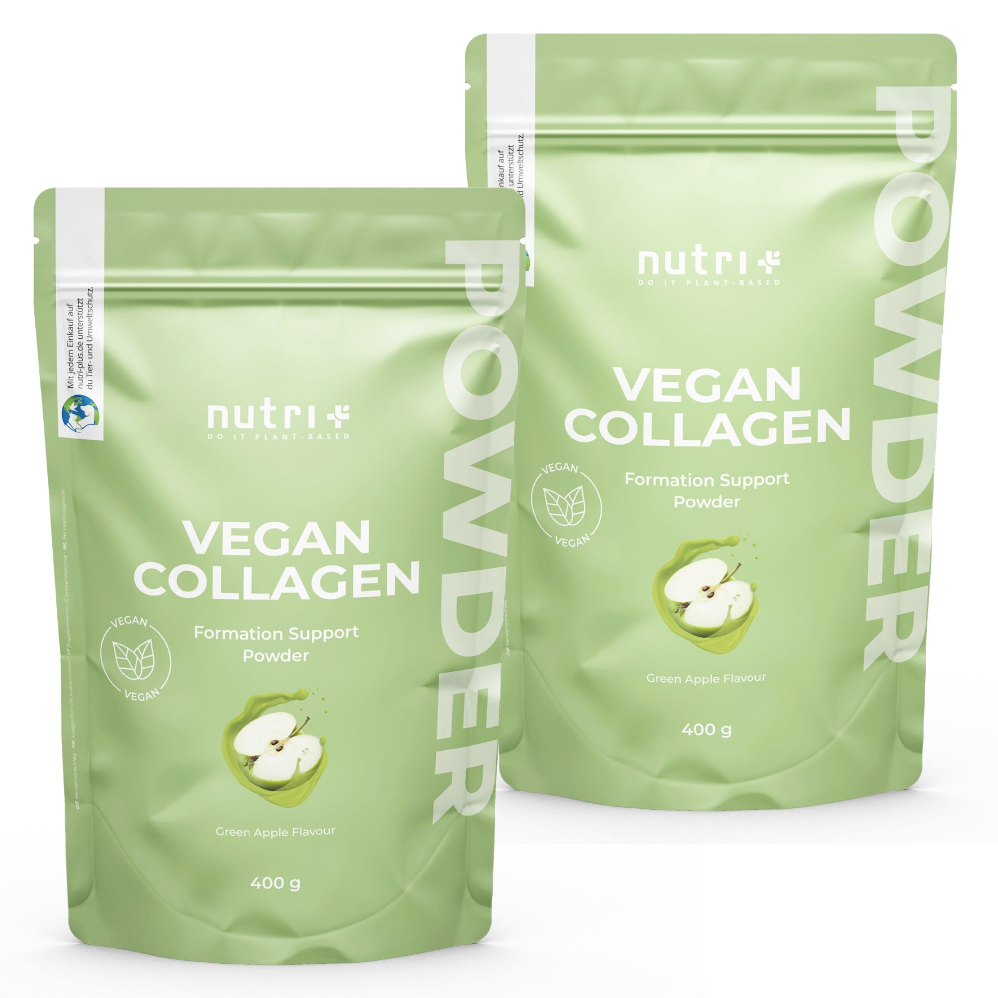 Zwei grüne Beutel mit "nutri+" und "VEGAN COLLAGEN" Aufdruck. Apfel-Illustration. 400 g. Pulver.