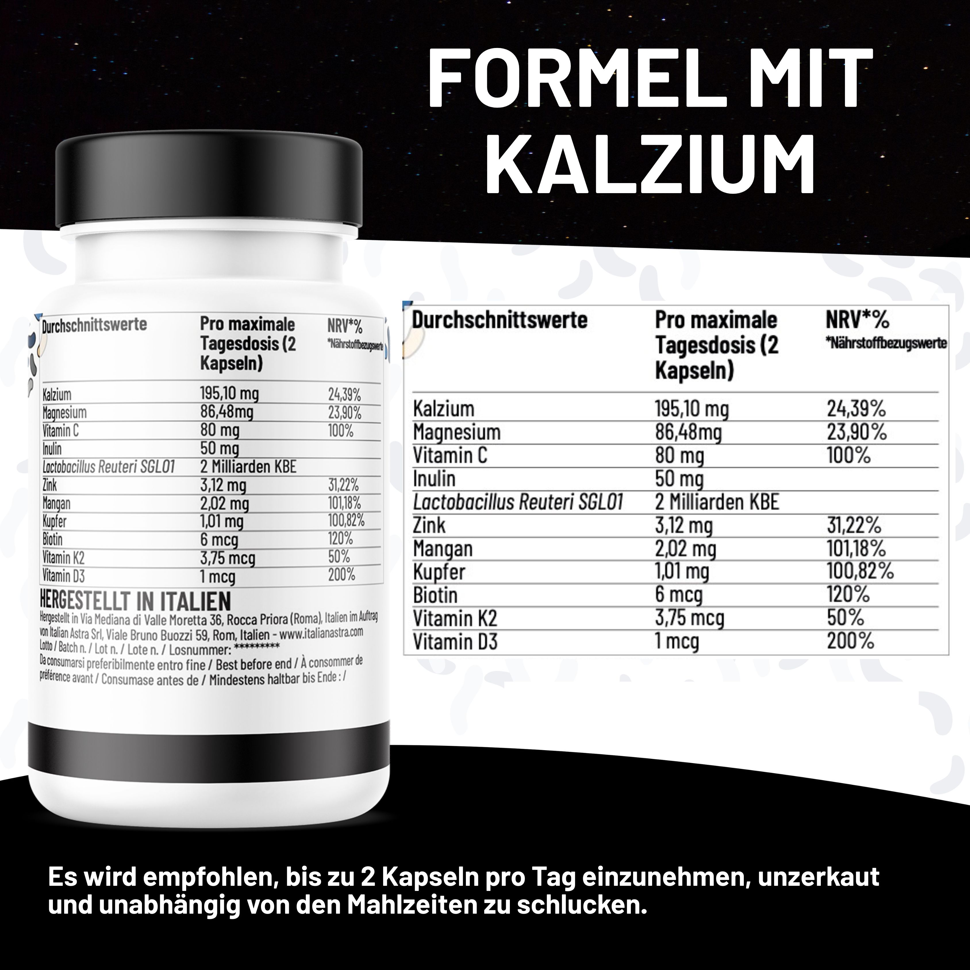Rückseite der Flasche mit Nährwertangaben. Text: FORMEL MIT KALZIUM. Marke: Italian Astra.