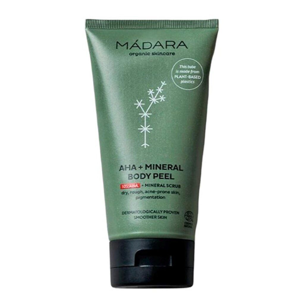 Grüne Tube mit Produktnamen und Text. Aufschrift: AHA + MINERAL BODY PEEL. Zertifizierungssiegel.