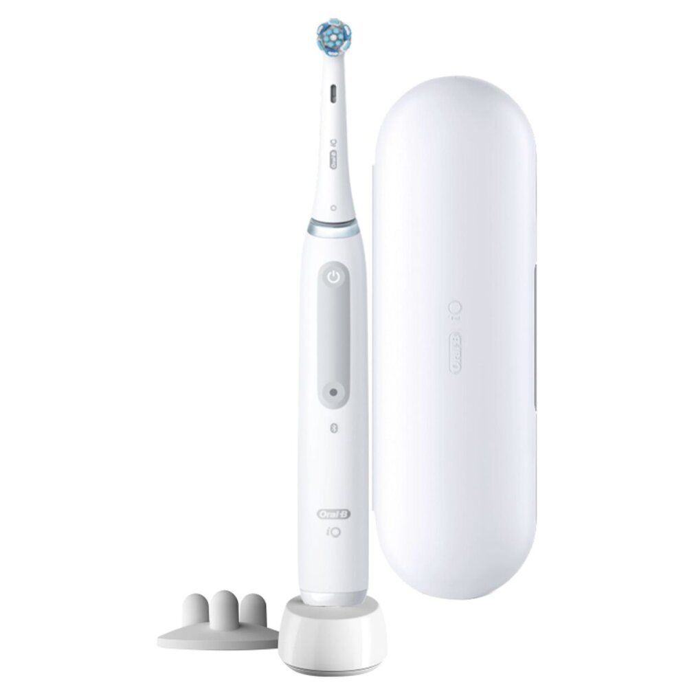 Weiße elektrische Zahnbürste mit Ladestation, Reiseetui und Verpackung. Oral-B iO4 Series 4s.