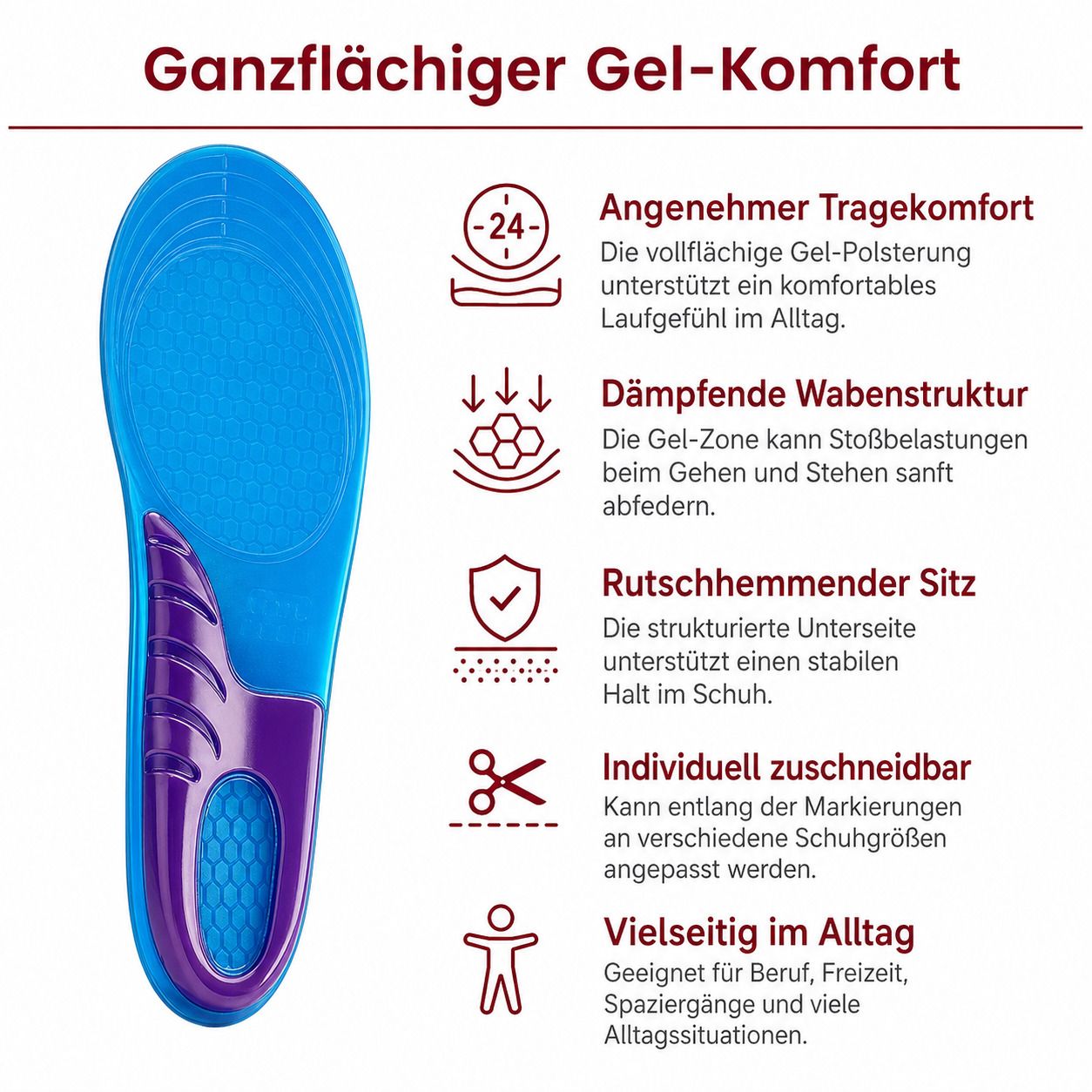 COOL-i Gel Einlegesohlen,Orthopädisch, stoßdämpfend & weich für Ferse und müde Füße, waschbar