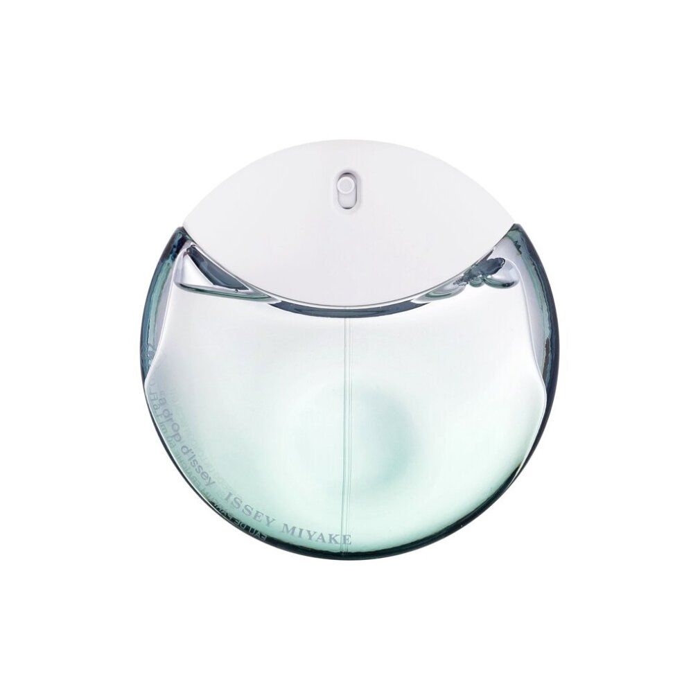 Runder Flakon mit weißem Deckel und hellgrünem Inhalt. Aufschrift: a drop d'Issey, ISSEY MIYAKE.