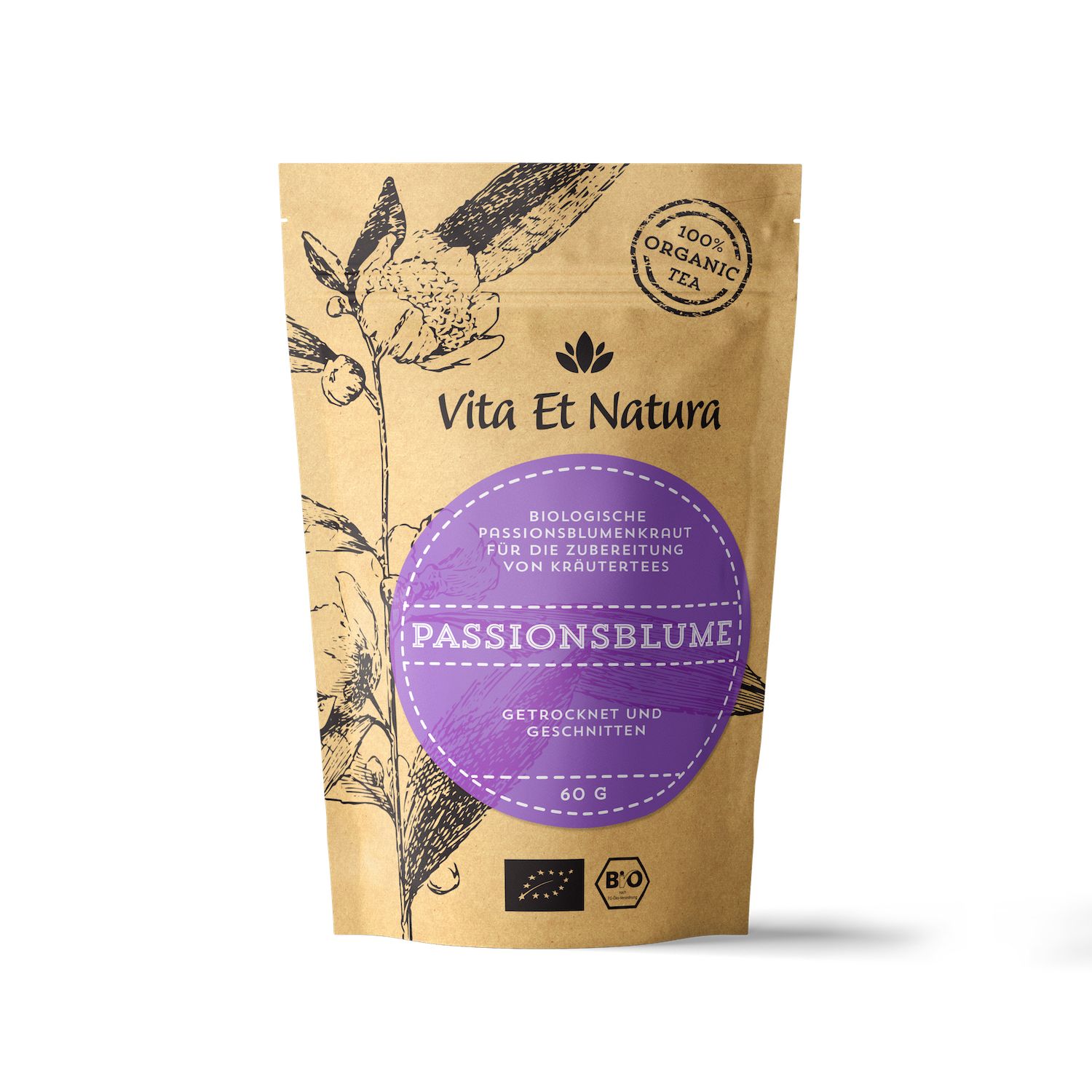 Packung Passionsblumenkraut, braun, lila Etikett, Marke Vita Et Natura. Bio-Siegel. 60g. Getrocknet und geschnitten.
