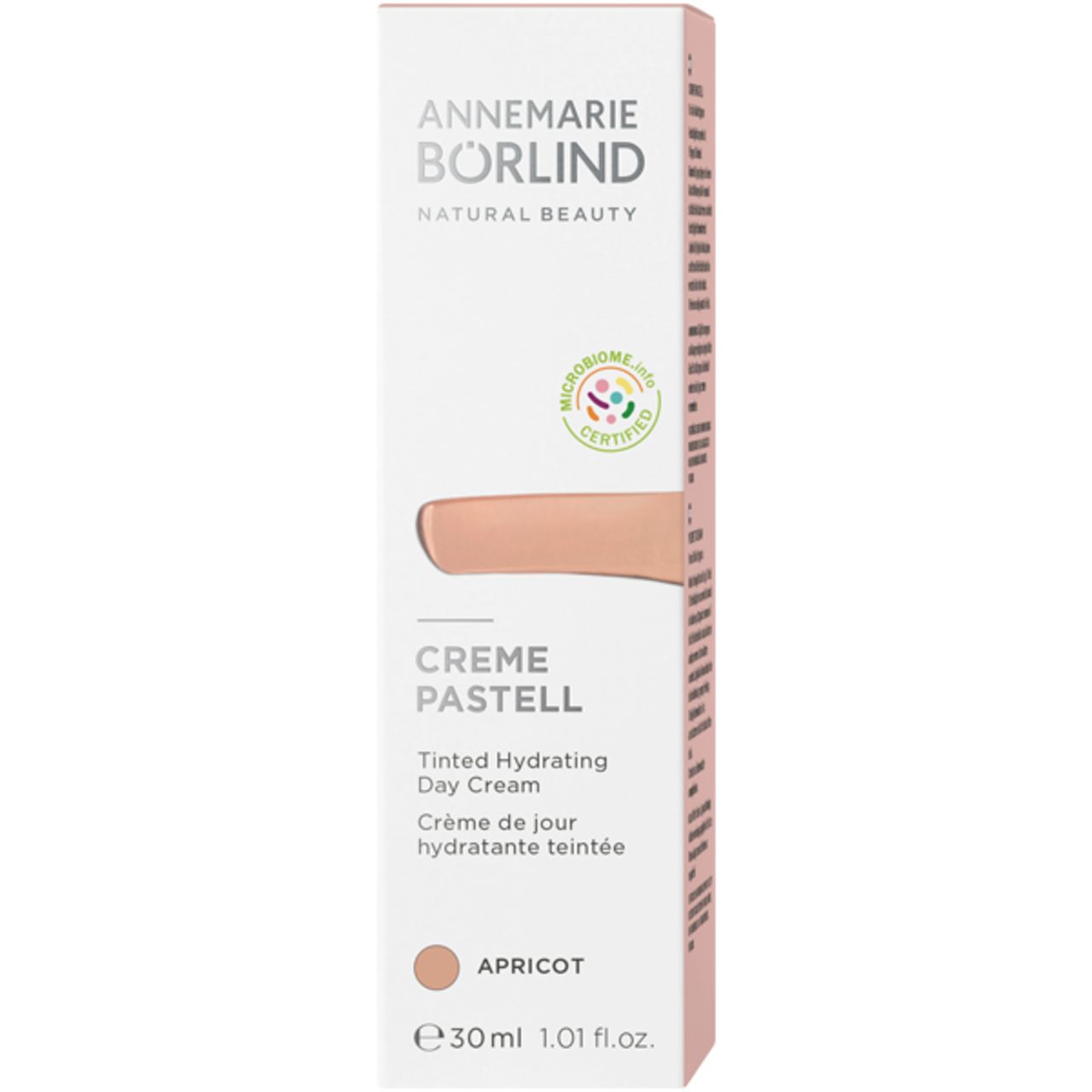 Verpackung von Creme Pastell Day Cream. Marke Annemarie Börlind. Text: Tinted Hydrating Day Cream, Apricot. Mit Zertifizierung.