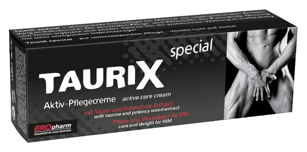 Schwarze Schachtel. Aufschrift: TAURIX special, Aktiv-Pflegecreme. Logo: EROpharm. Abbildung eines Mannes.