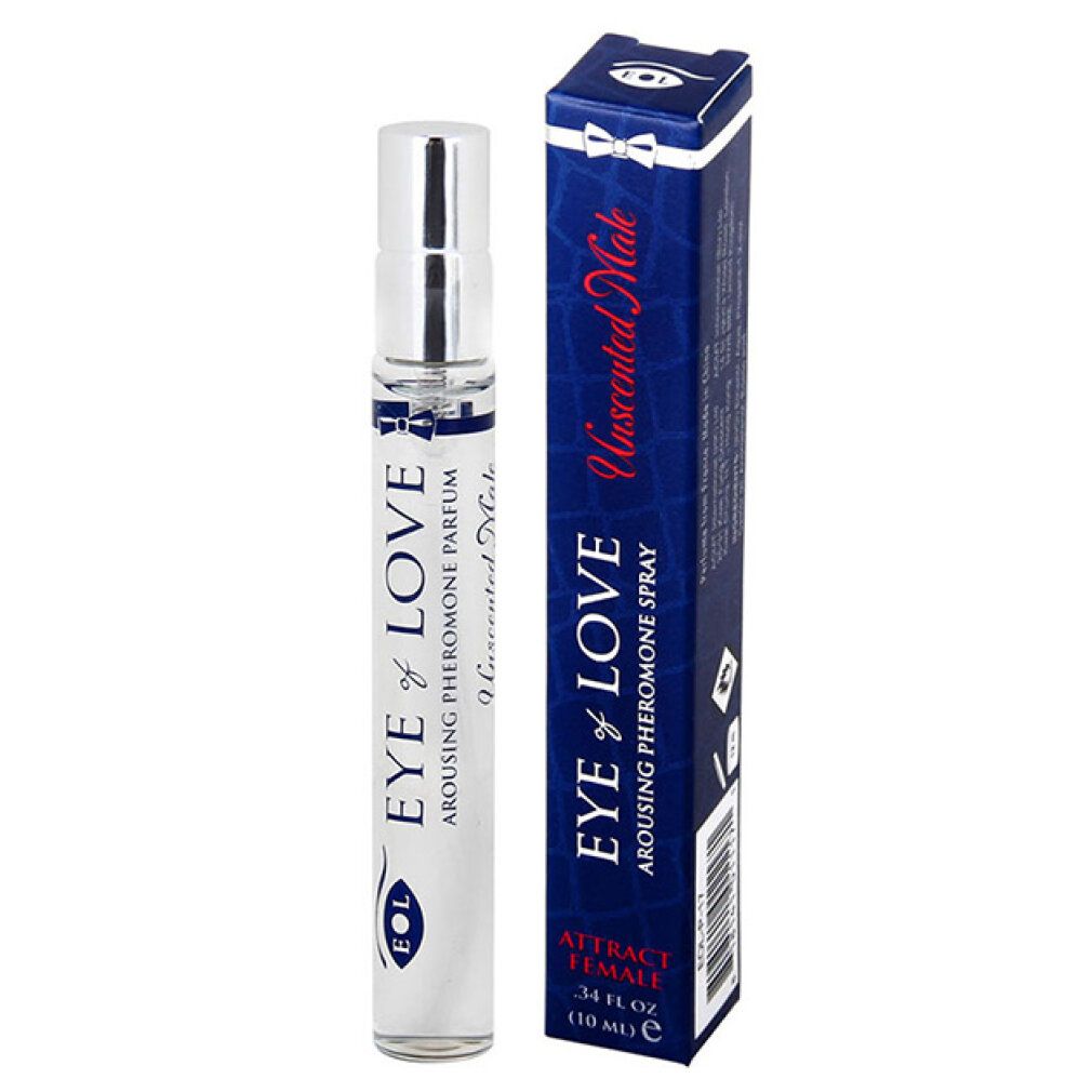 Klarer Flakon mit silbernem Sprühkopf und blauer Schrift. Arousing Pheromone Spray. Blaue Verpackung, blaue Schrift.