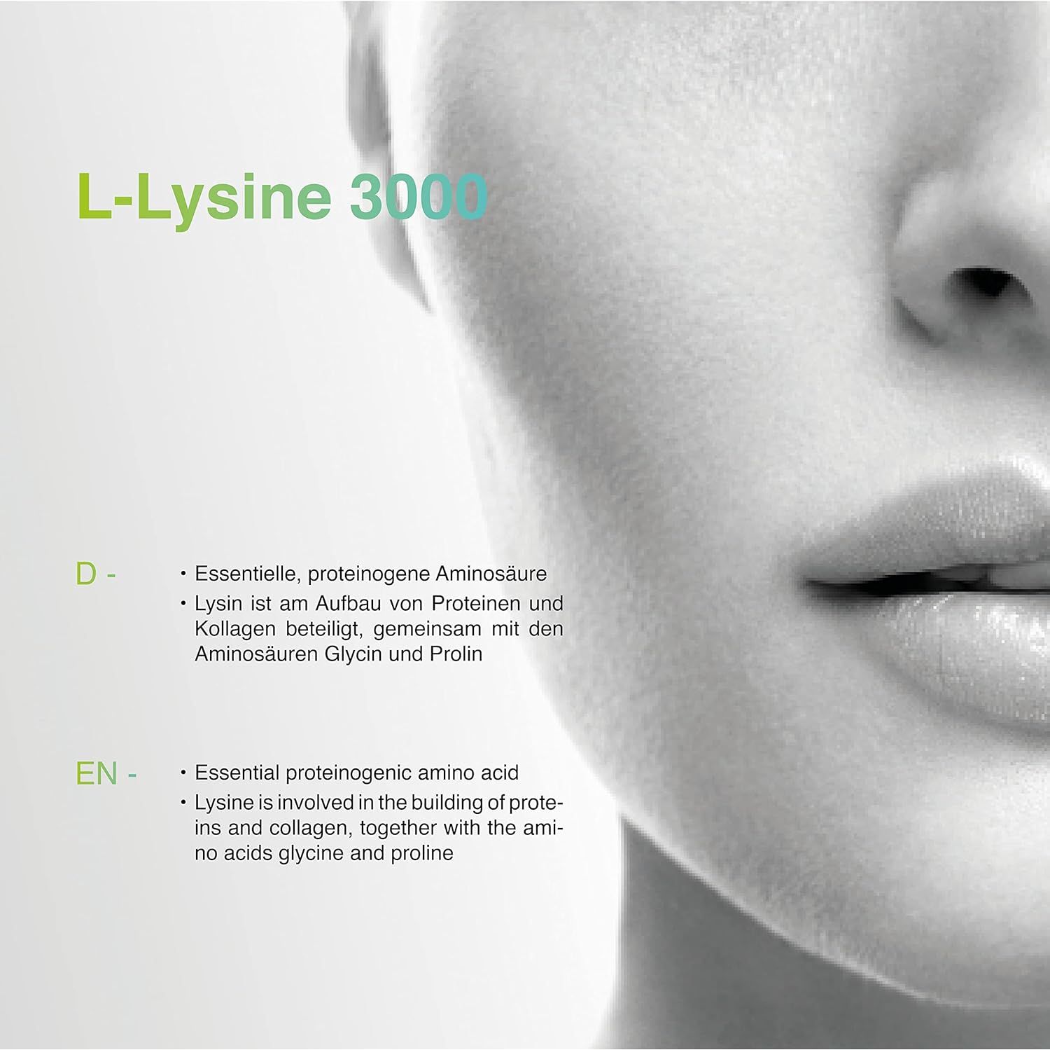 Text über Aminosäure L-Lysin 3000. Enthält Informationen über essentielle, proteinogene Aminosäure und ihre Rolle im Aufbau von Proteinen und Kollagen.