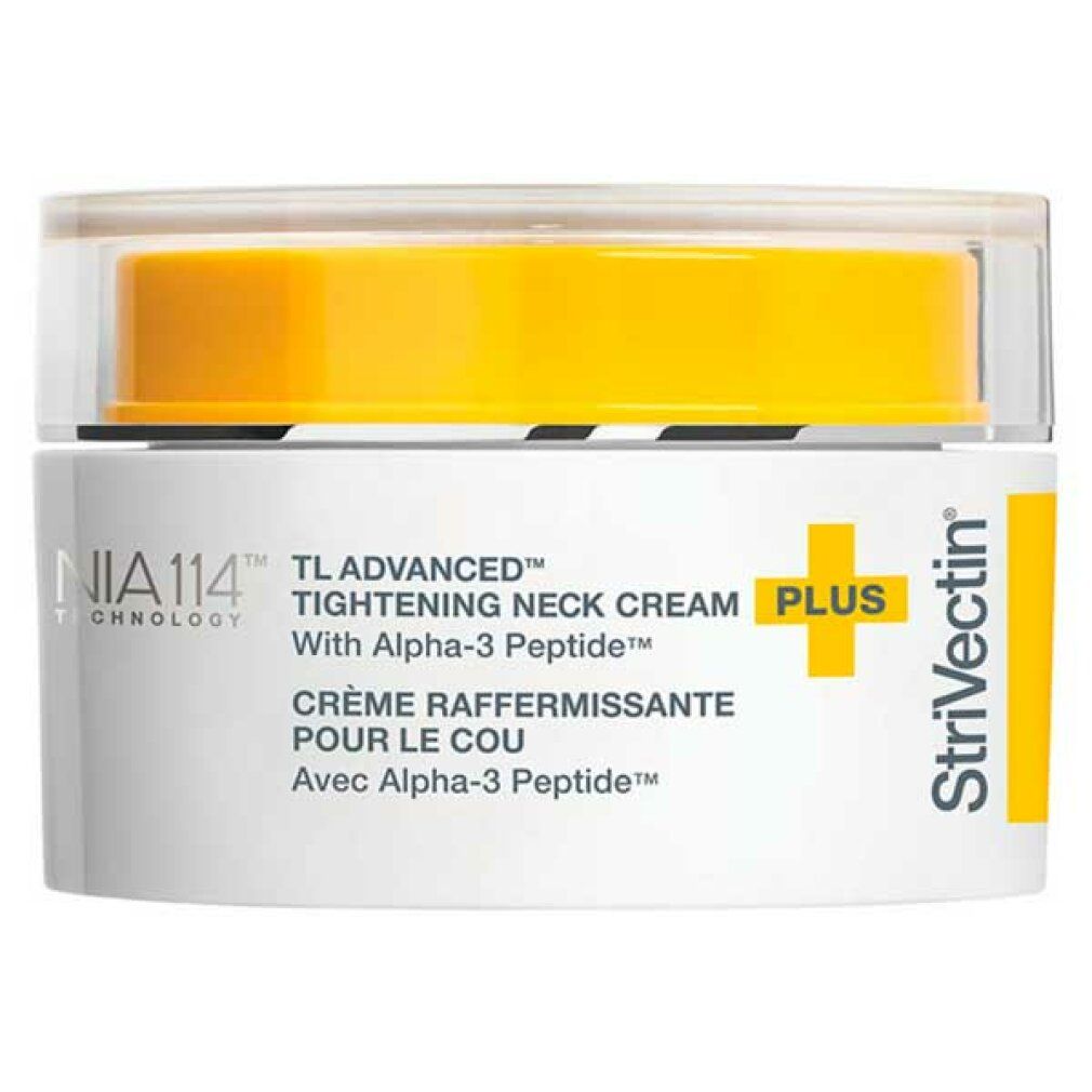 Cremebehälter mit gelbem Deckel. Aufschrift: TL Advanced Tightening Neck Cream Plus. Marke: Strivectin.
