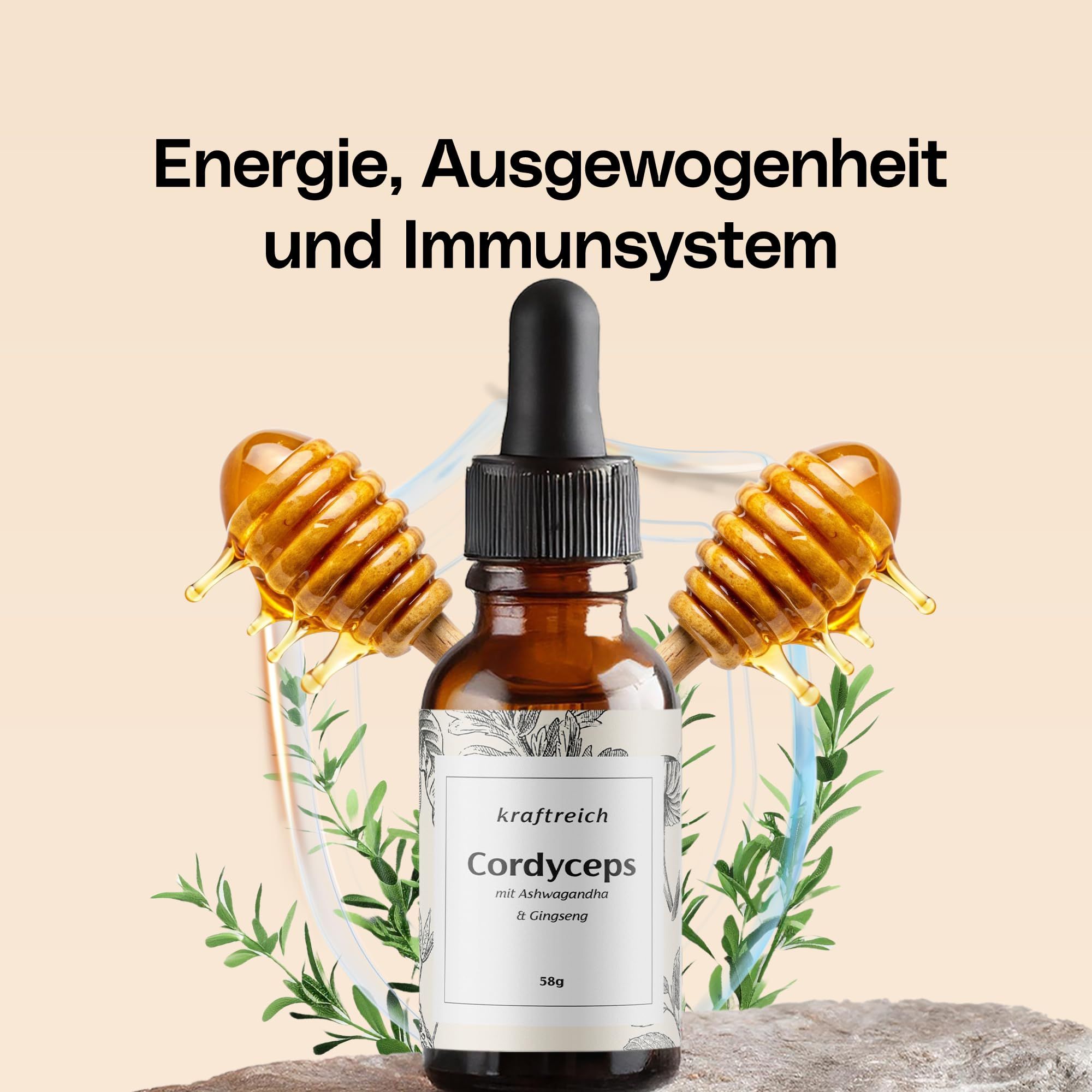 kraftreich® Cordyceps Tropfen mit Ashwaghanda, Gingseng, Honig & Essig