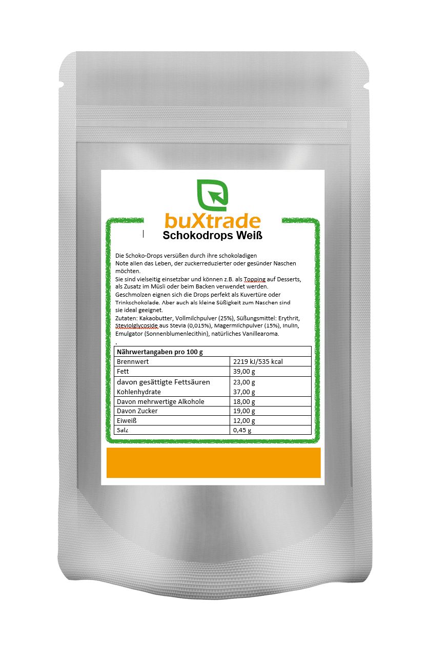 Verpackung von buXtrade Schokodrops Weiß. Aufdruck mit Produktinformationen und Nährwertangaben.