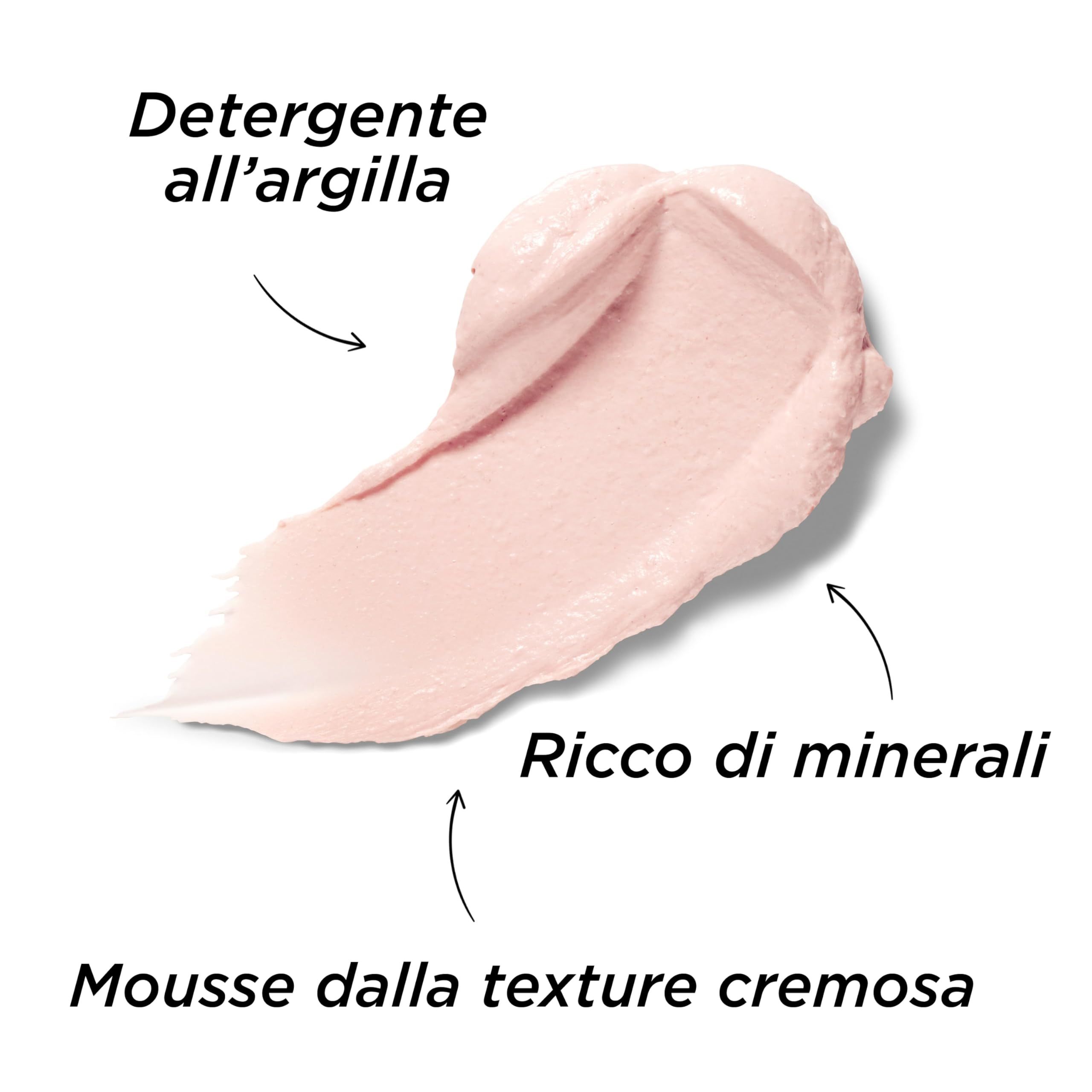 Nahaufnahme einer Creme. Text: Tonerde, reich an Mineralien, cremige Textur.