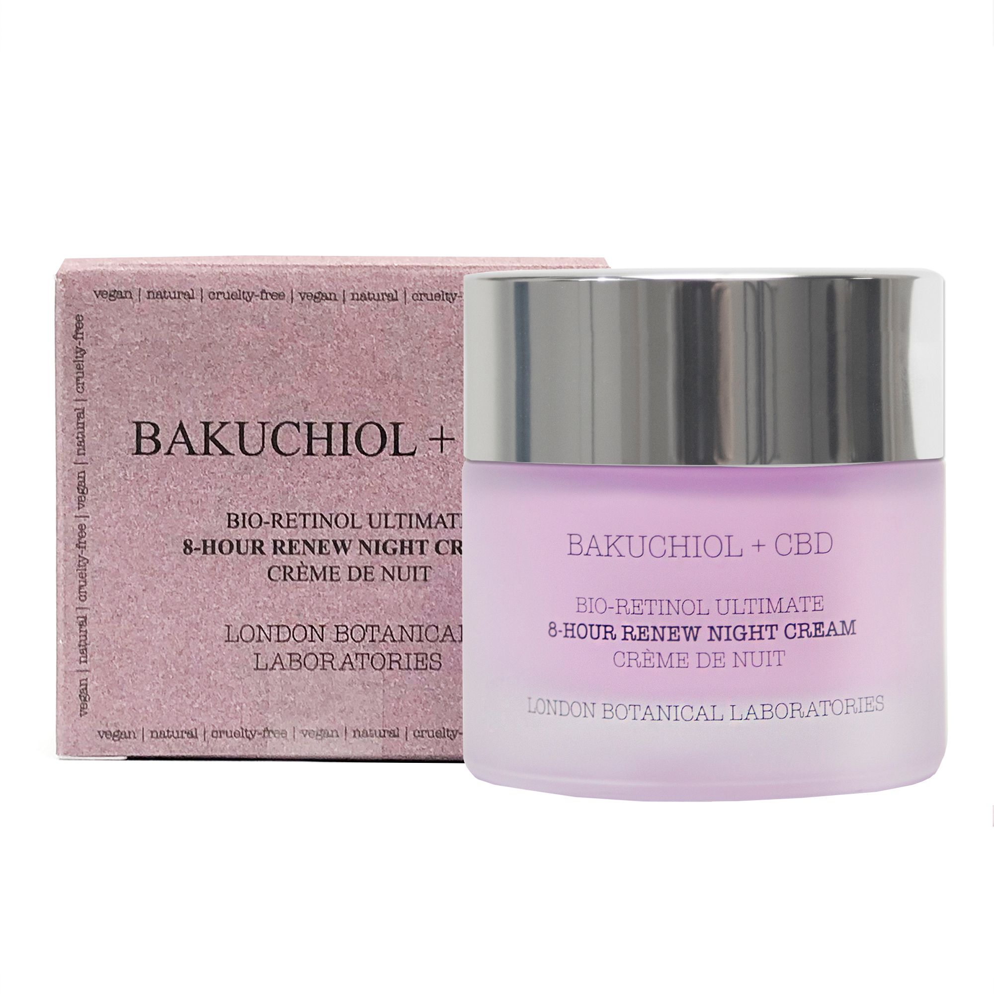 Creme-Tiegel mit silbernem Deckel und Verpackung. Aufschrift: Bakuchiol + CBD, Bio-Retinol Ultimate 8-Hour Renew Night Cream, Crème de Nuit. London Botanical Laboratories.