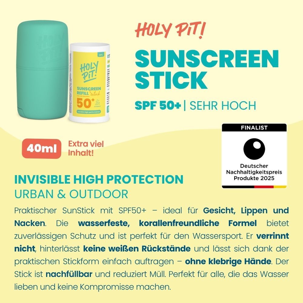 Sonnenschutz-Stick und Nachfüllpackung. Text: HOLY PIT! SUNSCREEN STICK SPF 50+, Deutscher Nachhaltigkeitspreis.