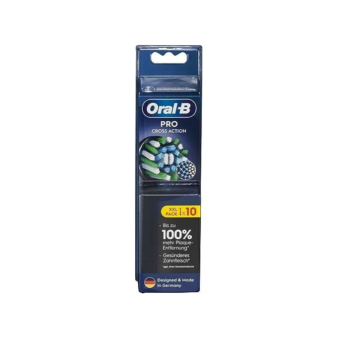 Verpackung mit Oral-B Pro CrossAction Aufsteckbürsten. Schwarze Bürstenköpfe in transparentem Kunststoff. XXL Packung mit 10 Stück.