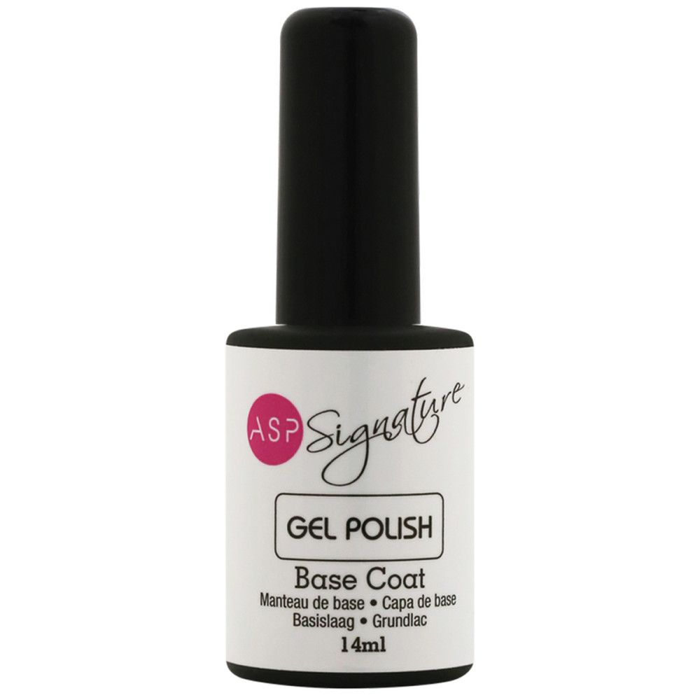 Nagellackflasche mit schwarzem Deckel. Auf dem Etikett steht "ASP Signature GEL POLISH Base Coat". Volumen: 14ml.