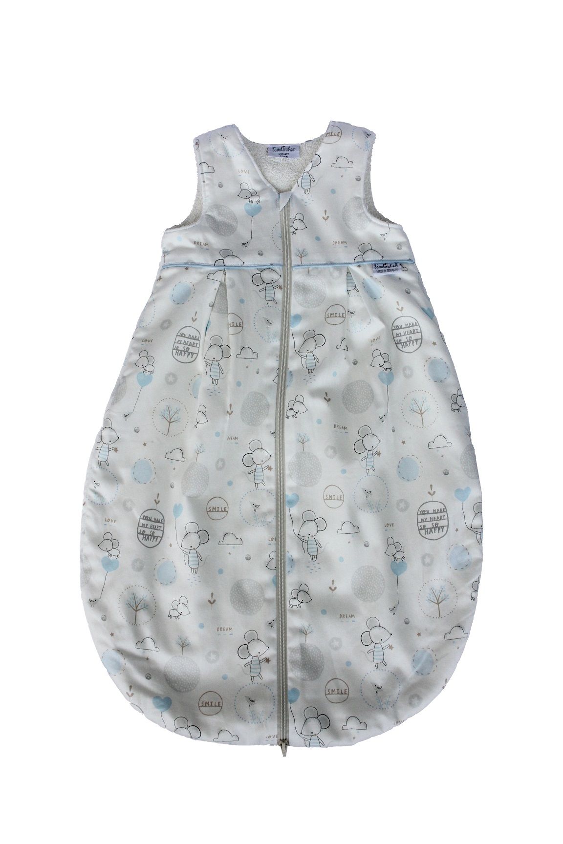 Frottierschlafsack mit Mäusemuster, Reißverschluss. Hellblau-weiß. Baumwolle. Ohne Ärmel.
