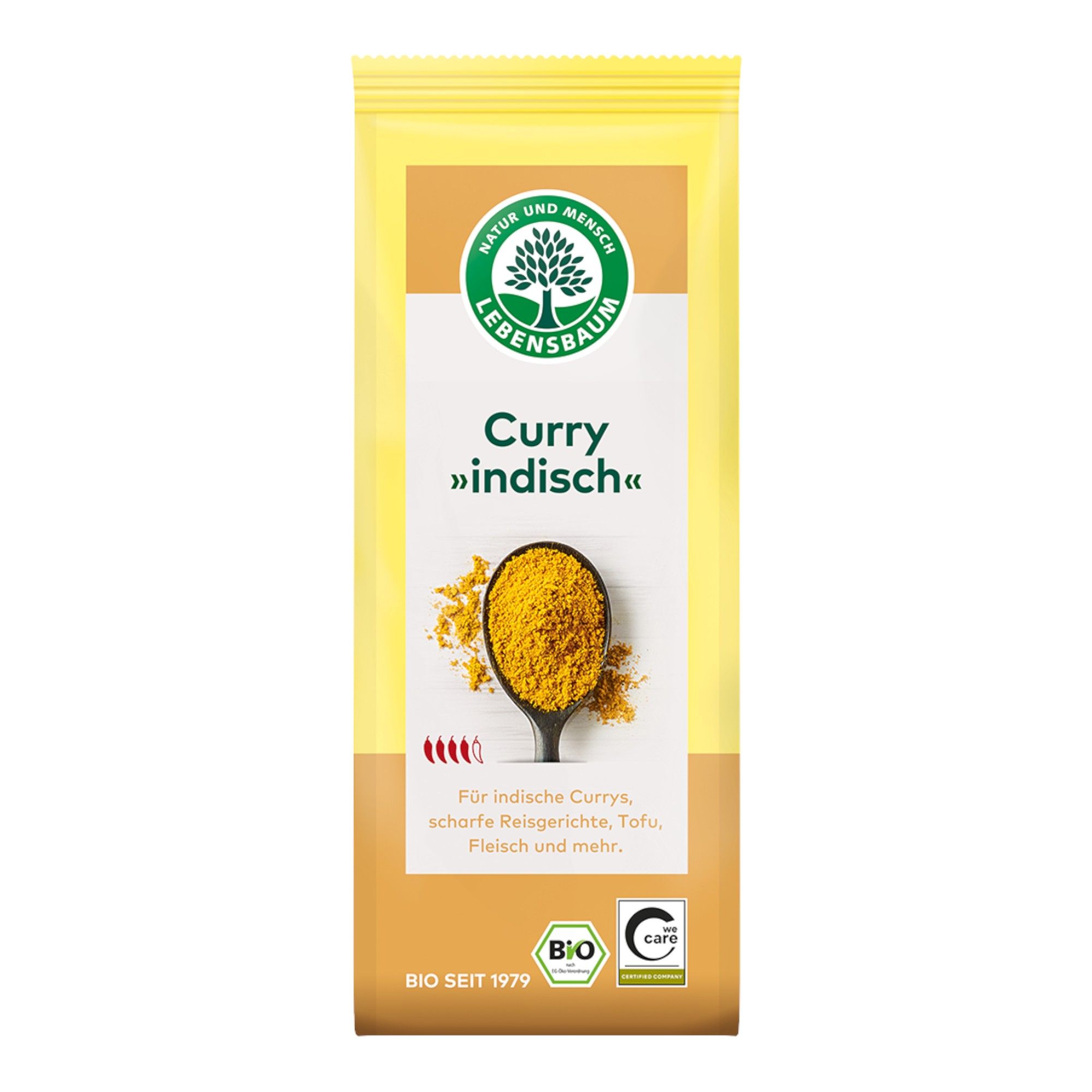 Bio Curry indisch Gewürzmischung Beutel mit Löffel und Bio-Siegel.