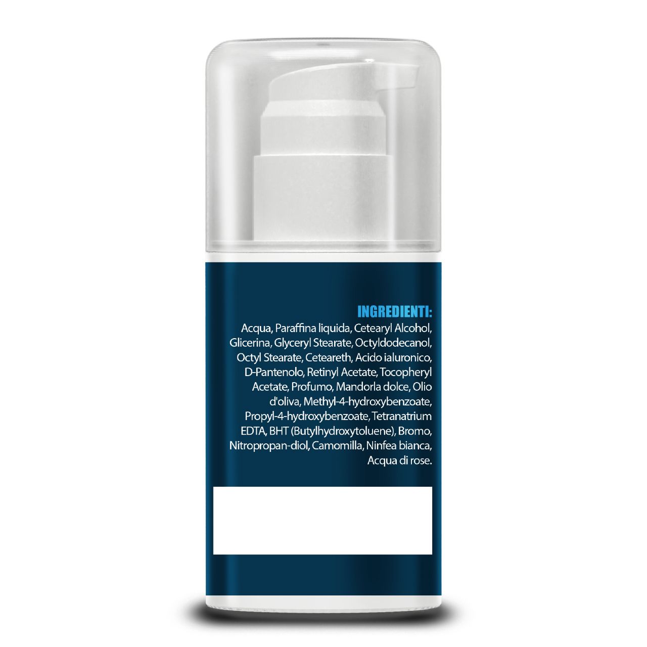 Rückseite einer blauen Flasche mit weißem Pumpkopf. Text: Inhaltsstoffe.