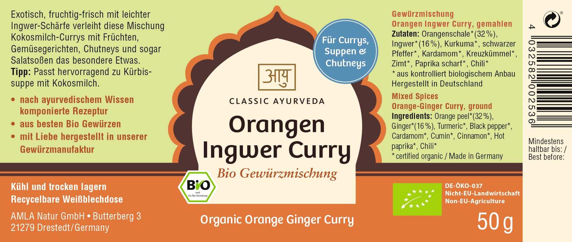 Etikett mit Aufschrift: Classic Ayurveda Orangen Ingwer Curry Bio Gewürzmischung. Bio-Siegel. Text in Deutsch und Englisch. 50g.