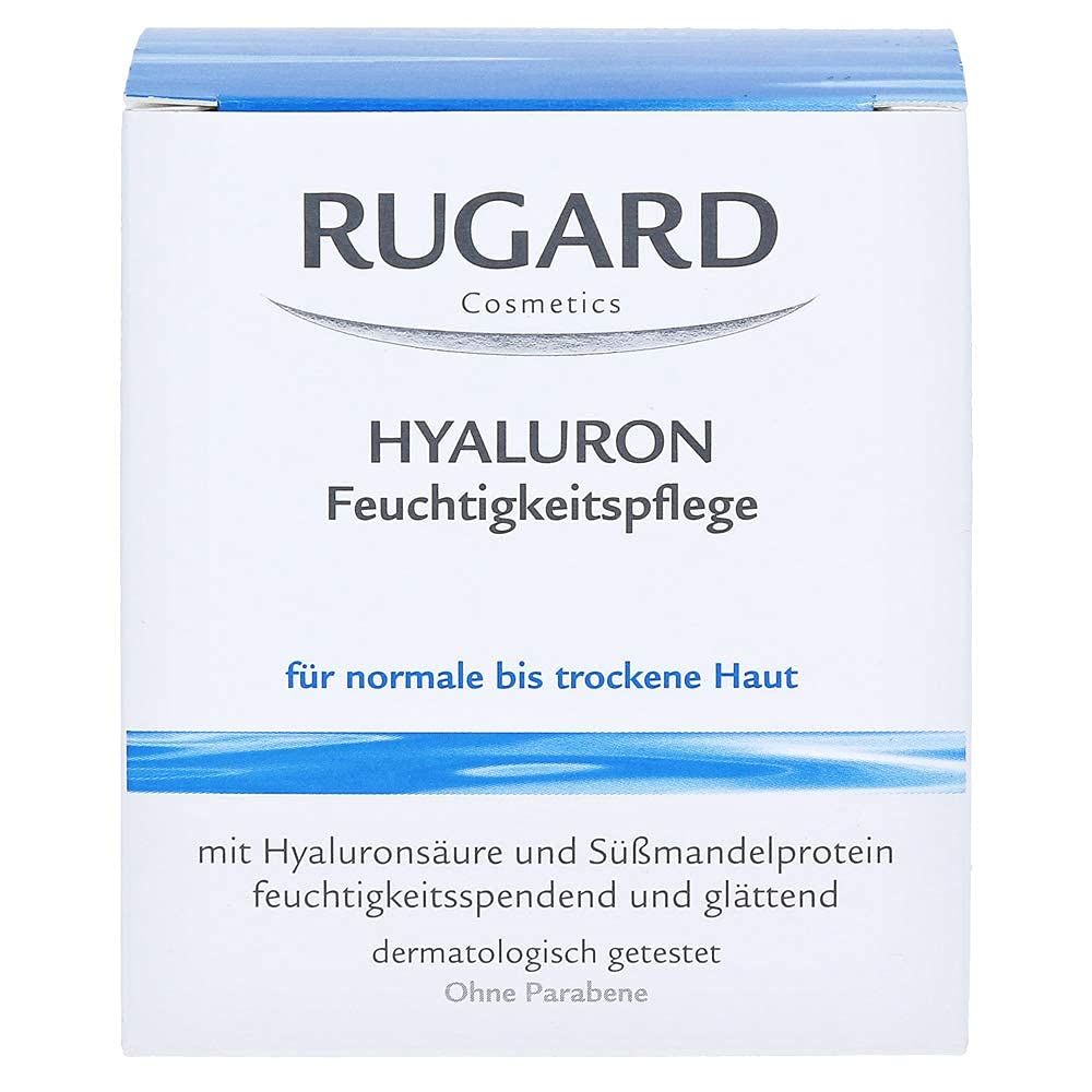Weißer Kosmetikbehälter mit blauer Oberseite. Aufschrift: RUGARD, HYALURON Feuchtigkeitspflege. Für normale bis trockene Haut. Dermatologisch getestet.