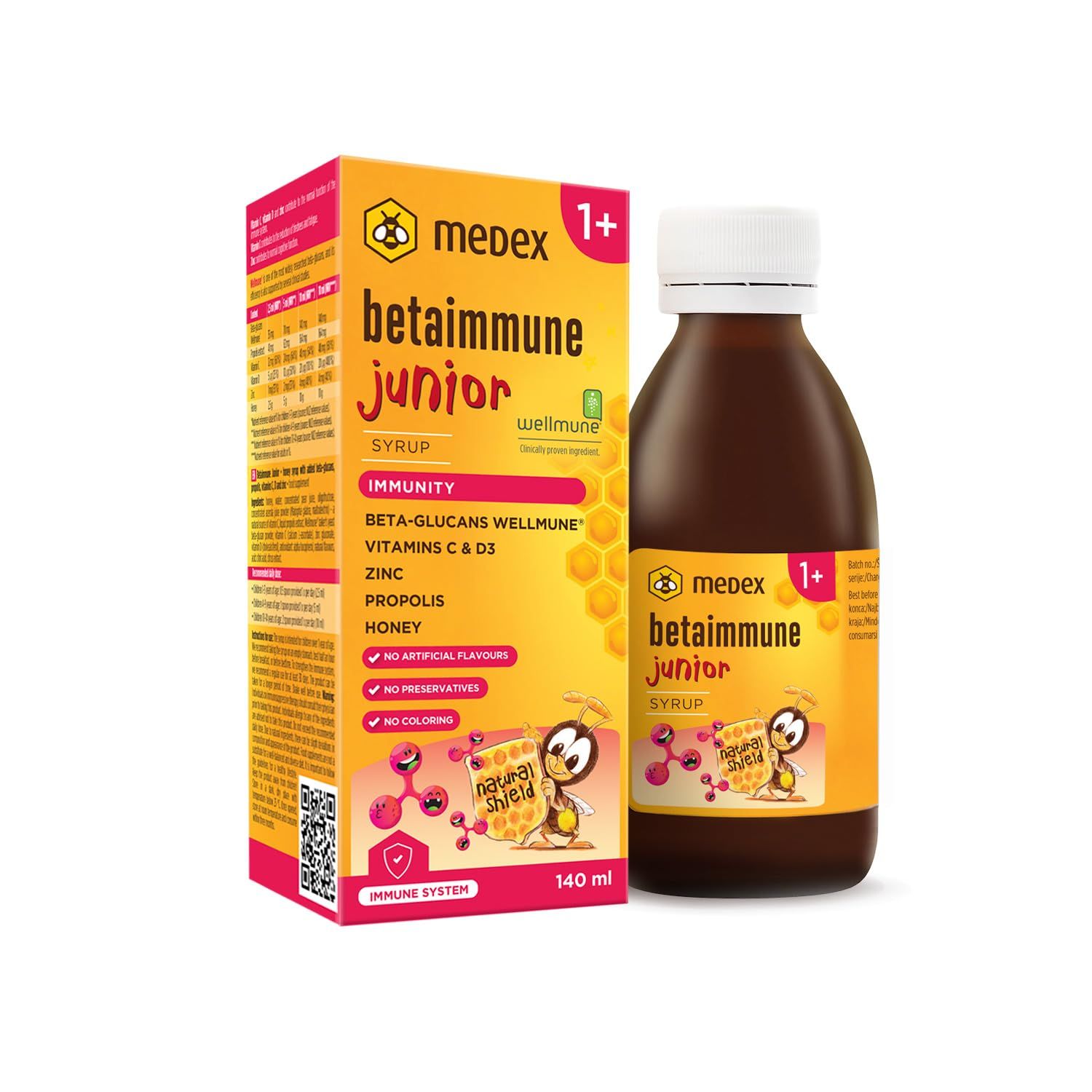 Medex BetaImmune Junior Sirup-Flasche und -Packung. Auf der Packung: 1+ Kinder, 140 ml, Beta-Glucane, Vitamine C & D, Zink, Honig. Keine künstlichen Aromen.