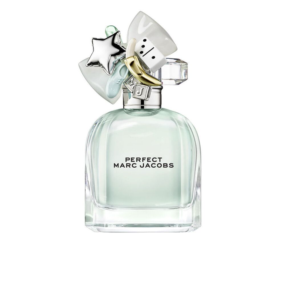 Hellgrüner Flakon mit Aufsatz. Aufschrift: PERFECT MARC JACOBS. Dekorative Elemente: Stern, Banane, Domino.