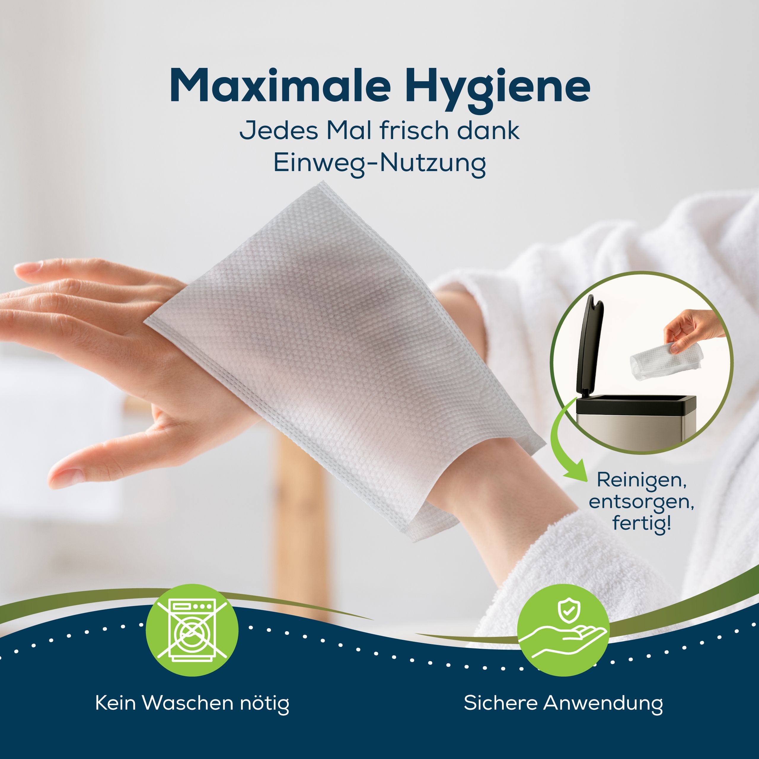 Weißer Waschhandschuh auf Hand. Text: Maximale Hygiene. Jedes Mal frisch dank Einweg-Nutzung. Symbole: Kein Waschen nötig, sichere Anwendung. Entsorgung.