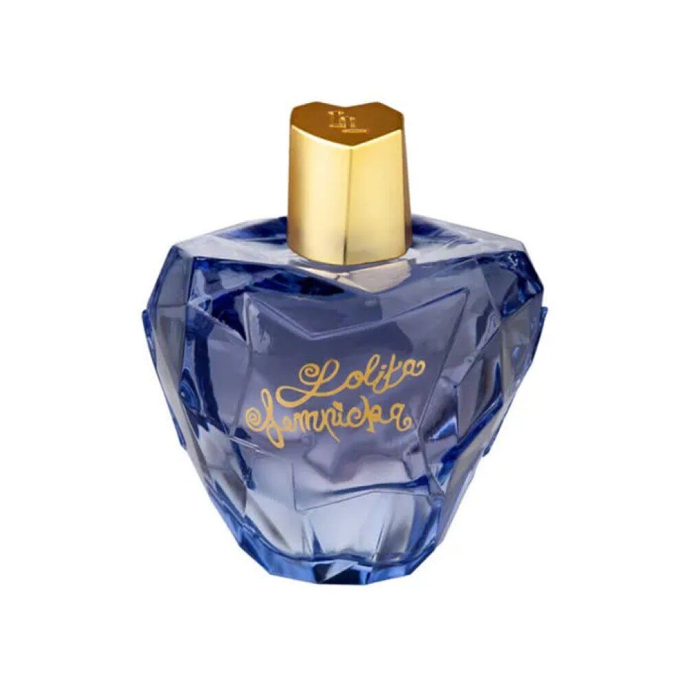 Blauer Flakon mit goldfarbenem Deckel und Schriftzug. Der Flakon hat eine facettierte Form.
