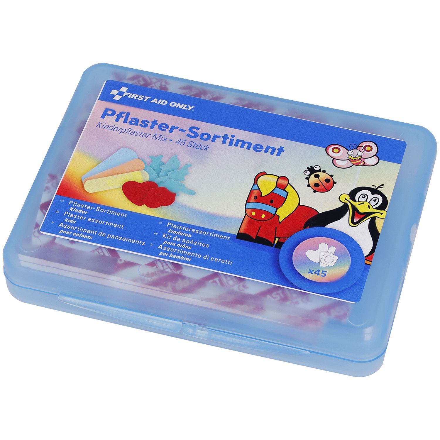 Blaues Kunststoffetui mit Pflastern. Aufschrift: First Aid Only, Pflaster-Sortiment, Kinderpflaster Mix. Enthält 45 Stück.