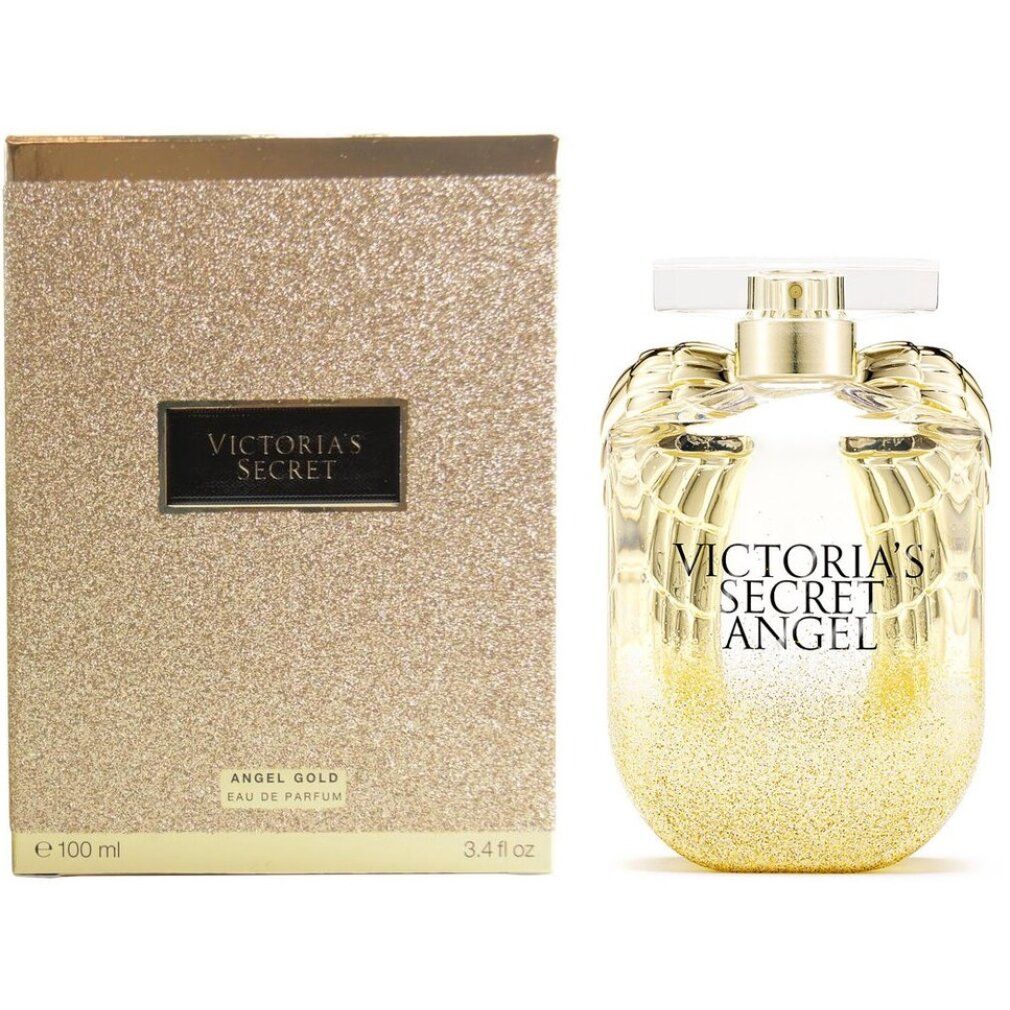 Parfümflasche und Verpackung. Goldfarben mit Glitzer. Aufschrift: Victoria's Secret Angel Gold Eau de Parfum.