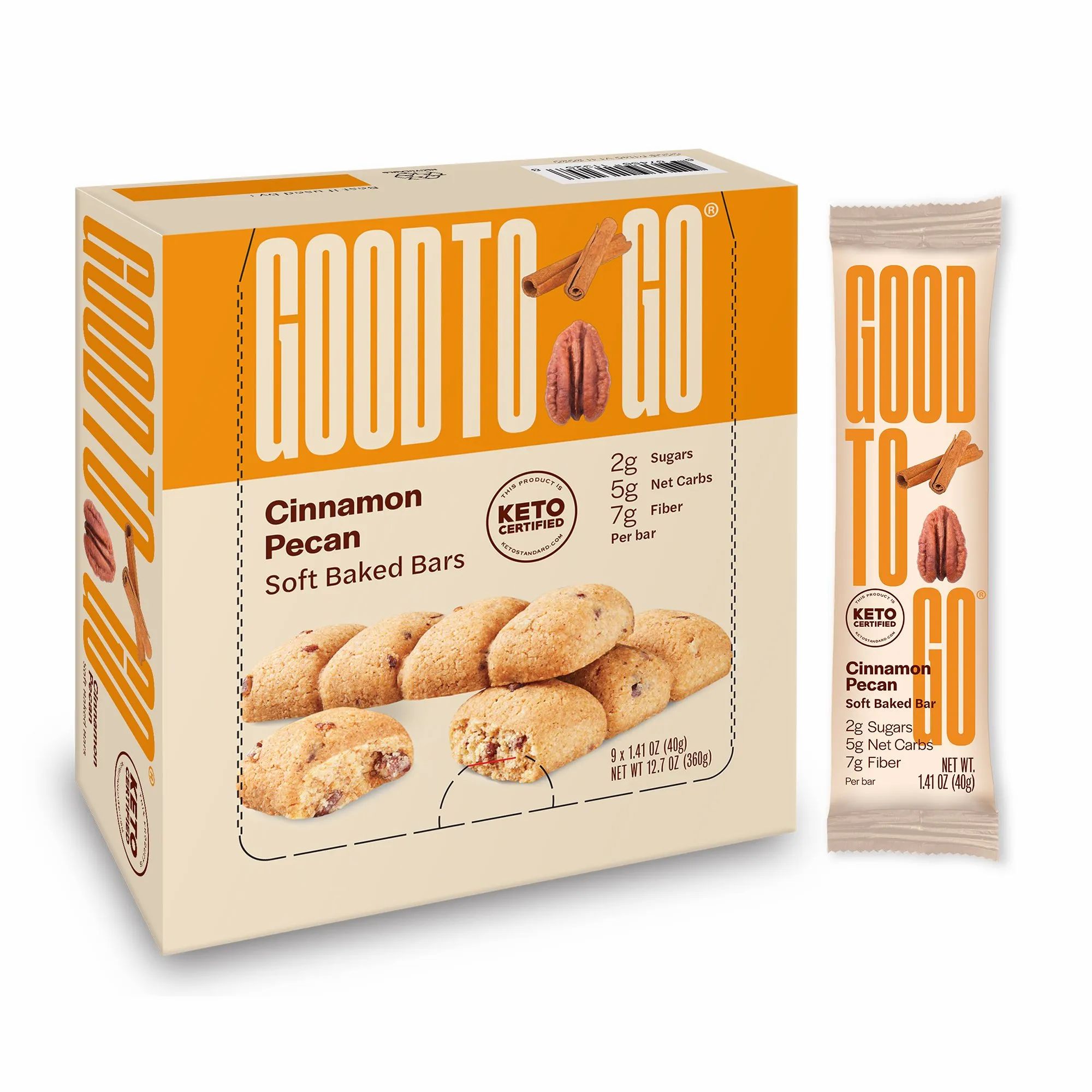 Karton mit Soft Baked Bars. Einzelne Riegel daneben. Aufschrift: GOOD TO GO, Cinnamon Pecan, KETO zertifiziert. Nährwertangaben.