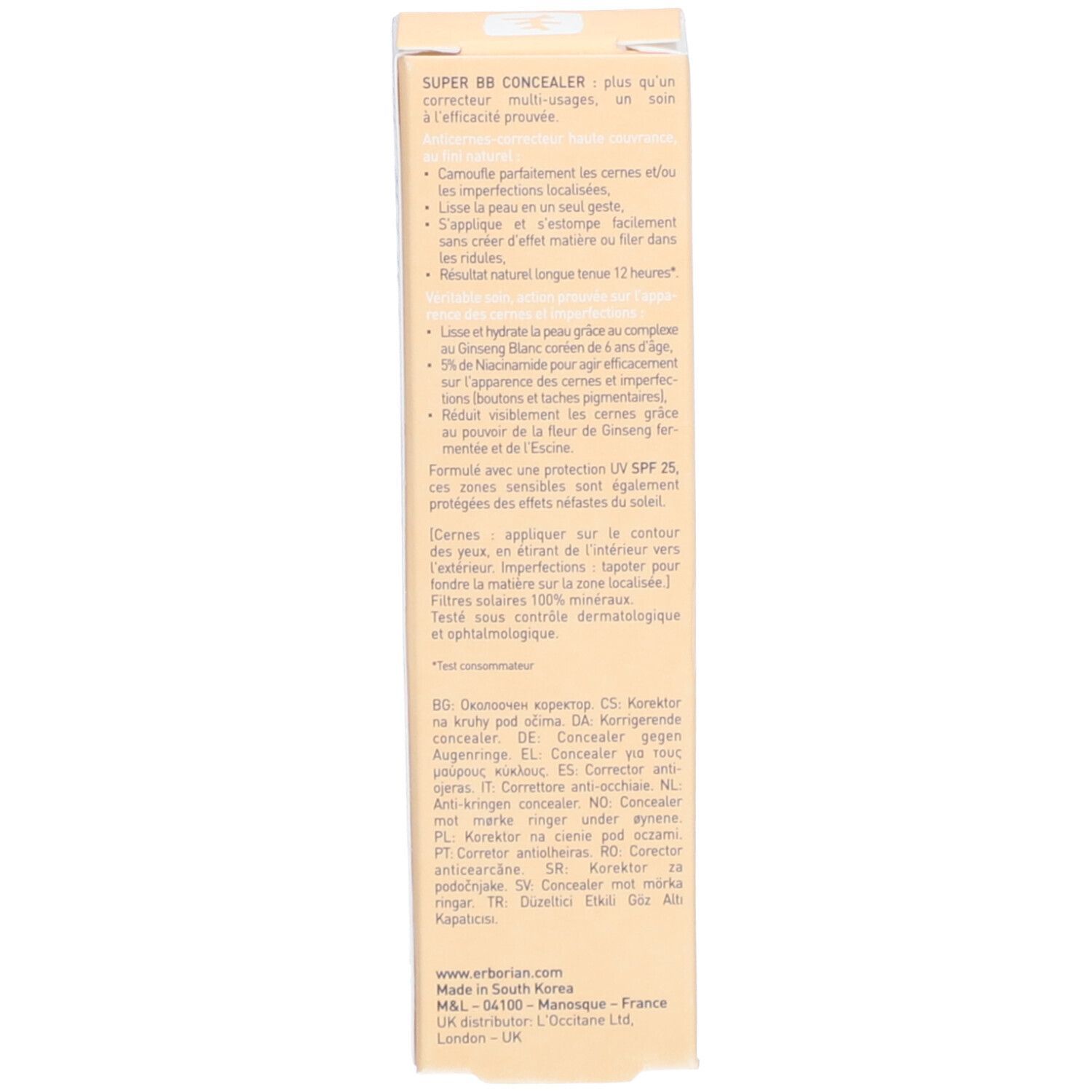 Rückseite der Verpackung. Text: SUPER BB CONCEALER. Inhaltsstoffe, Anwendungshinweise, Herstellerinformationen.