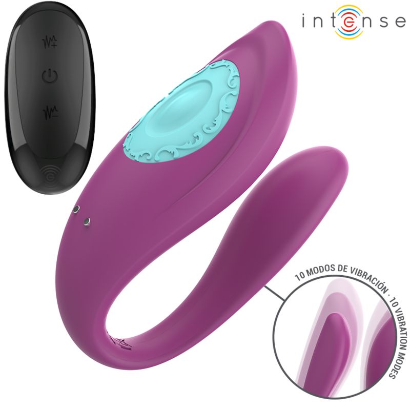 Lila U-förmiger Vibrator mit hellblauem Akzent. Mit Fernbedienung. Abbildung zeigt 10 Vibrationsmodi.